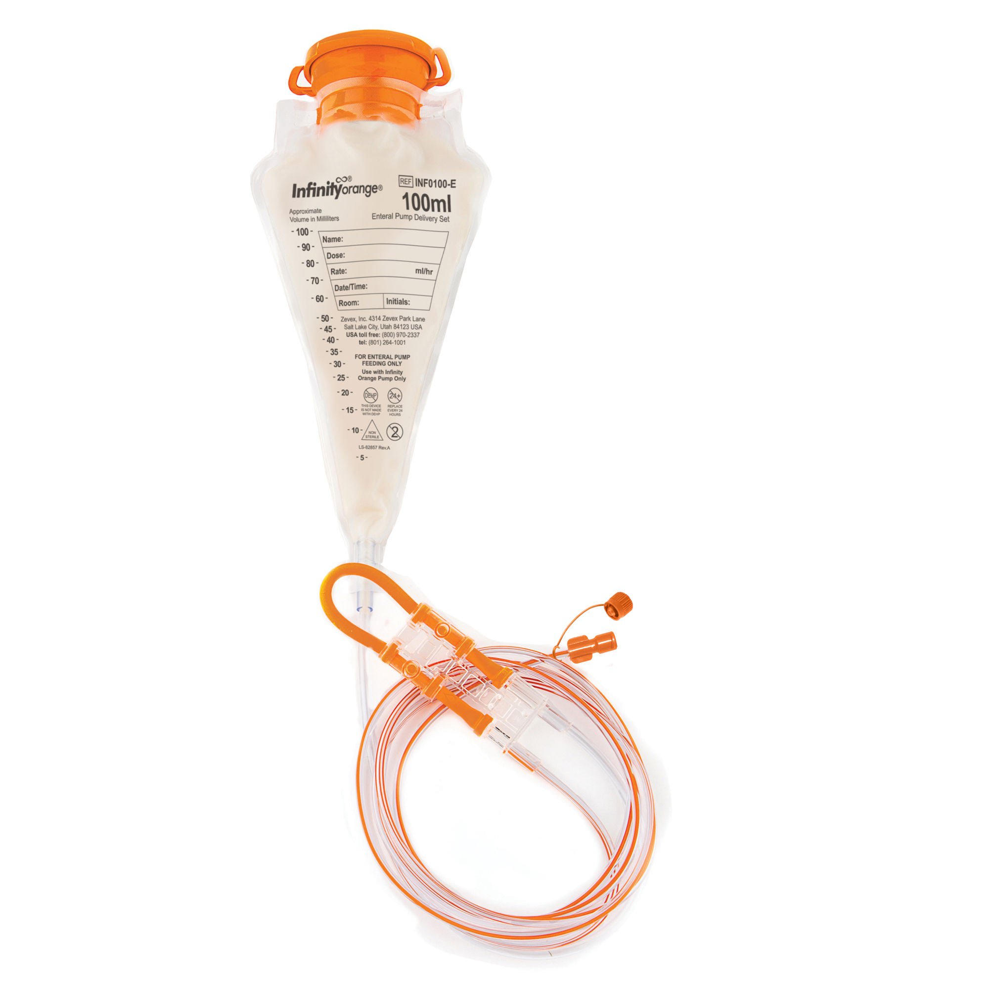 Zevex - INF0100-E Enteral Feeding Pump Bag Set with ENFit® Connector Infinity® Orange® 100 mL Silicone NonSterile ENFit® Connector