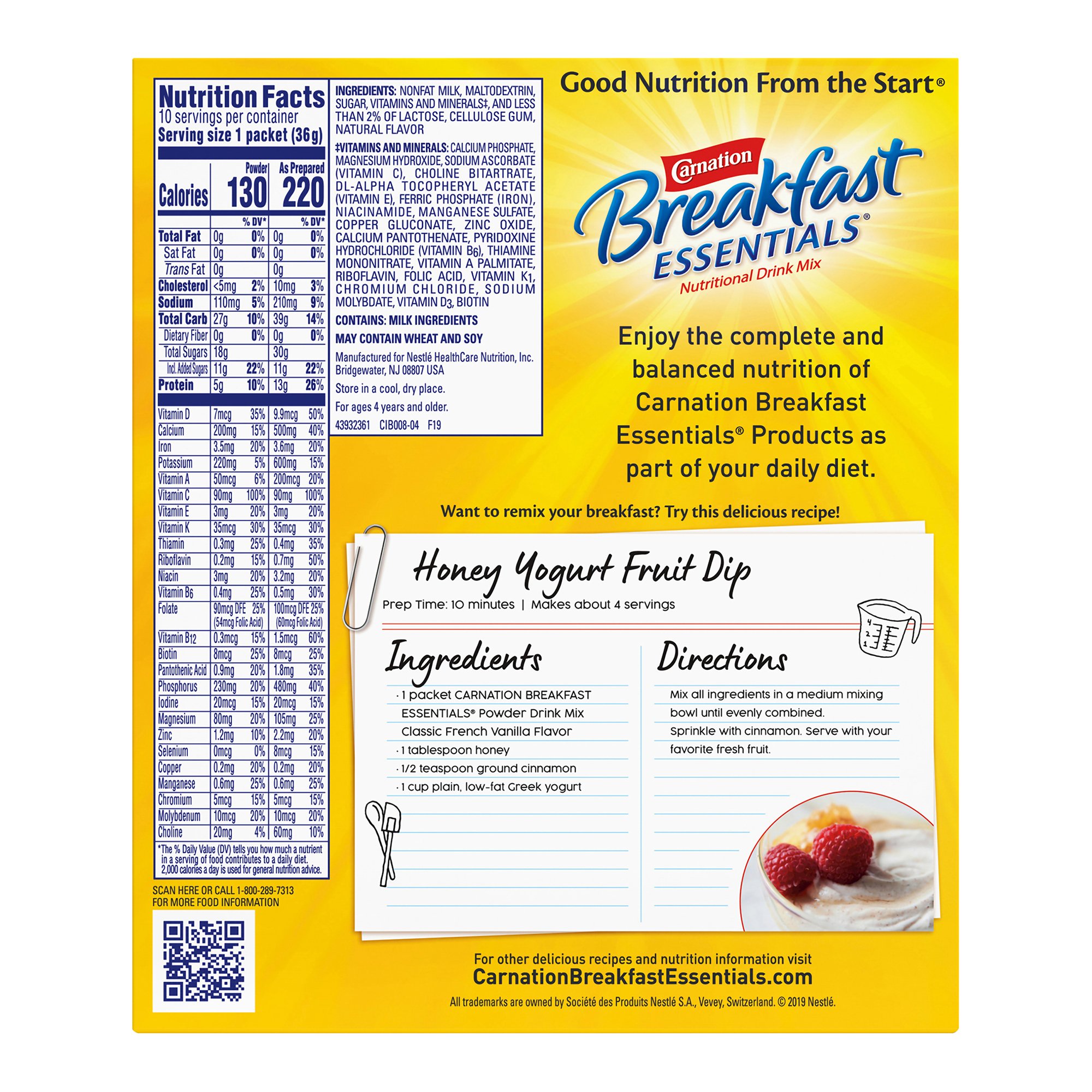 Nestle Clinical Nutritional 10050000530622 - Carnation Breakfast Essentials® Vanilla Nutritional Drink - 10/Box, 60/Case