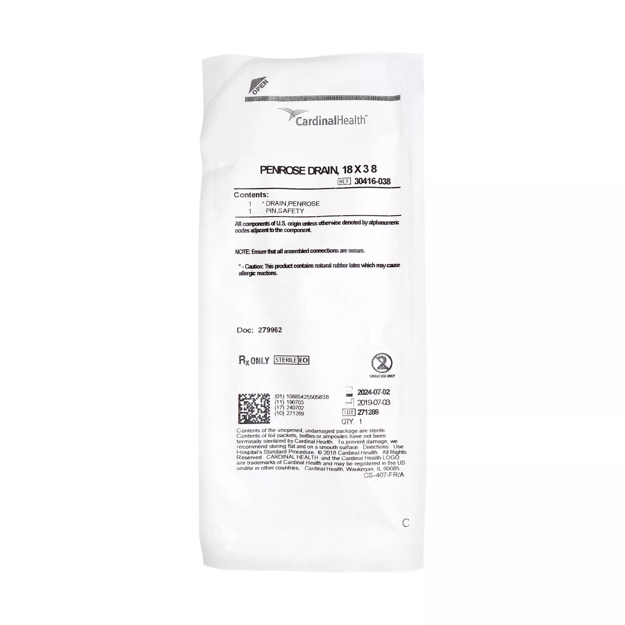 Cardinal - 30416-038 Wound Drain Tube Cardinal Health™ Flat Type With Safety Pin Flat Channel Type 3/8 Inch Size Sterile