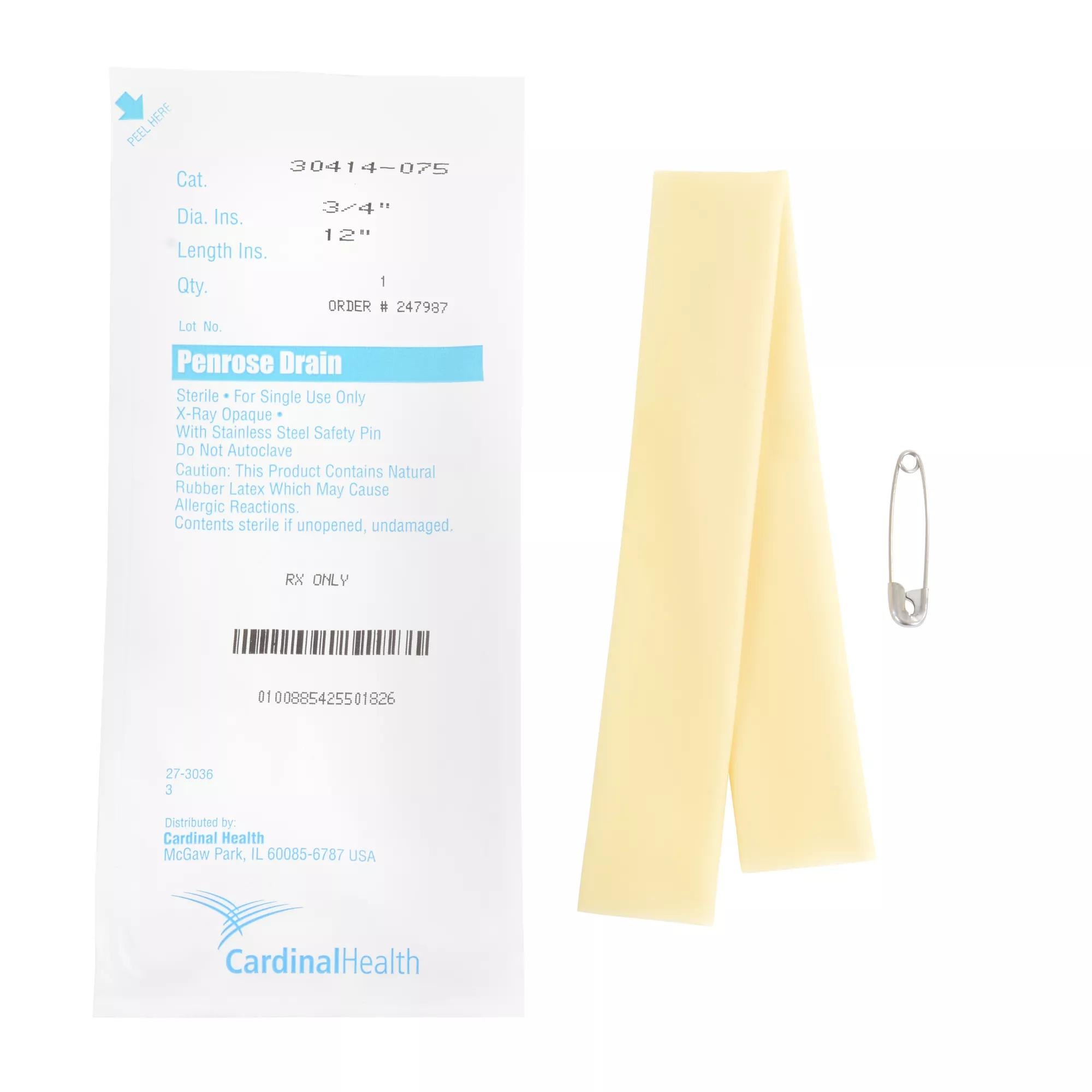 Cardinal - 30414-075 Wound Drain Tube Cardinal Health™ Flat Type With Safety Pin Flat Channel Type 3/4 Inch Size Sterile