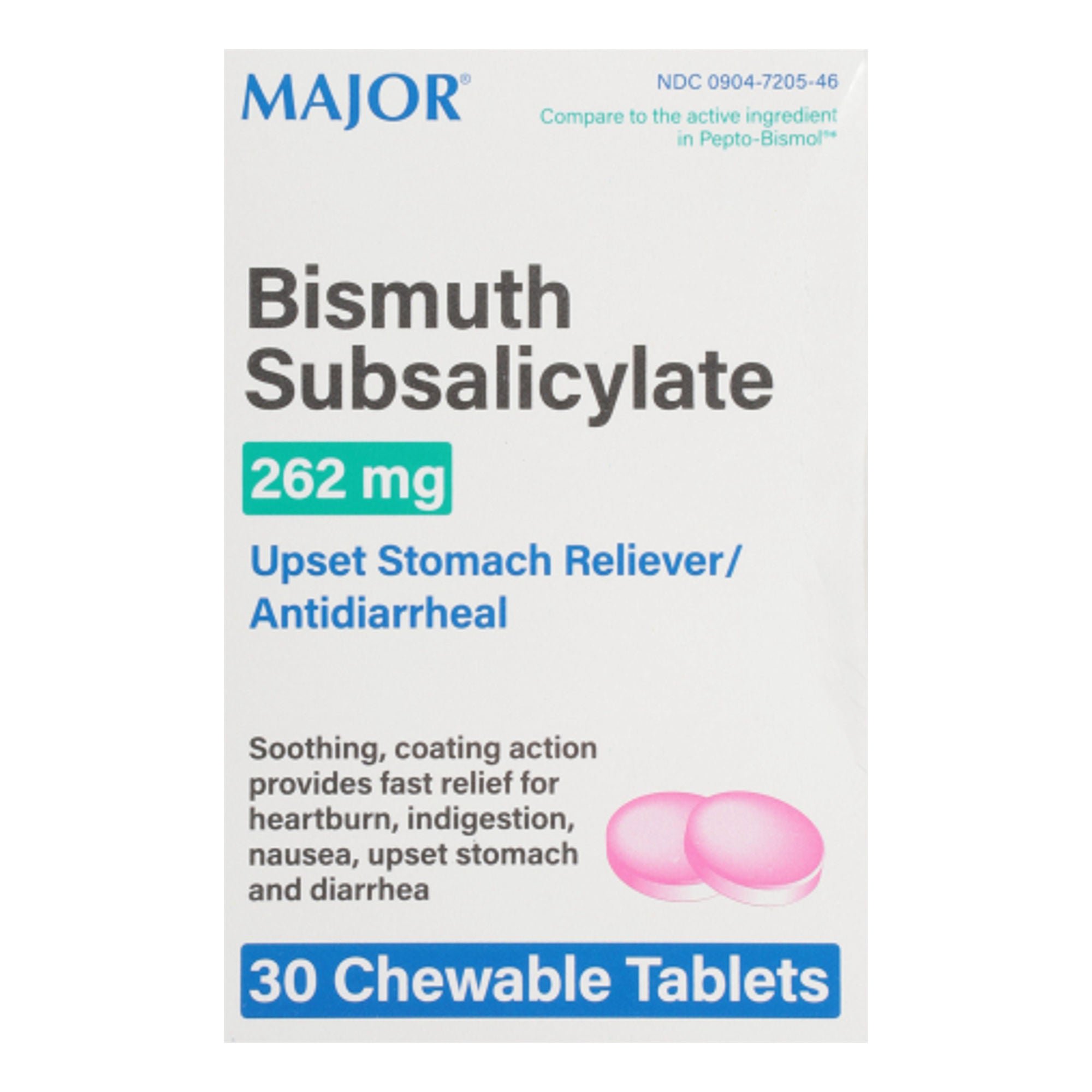 Major Pharmaceuticals - 00904720546 Anti-Diarrheal 262 mg Strength Chewable Tablet 30 Tablets