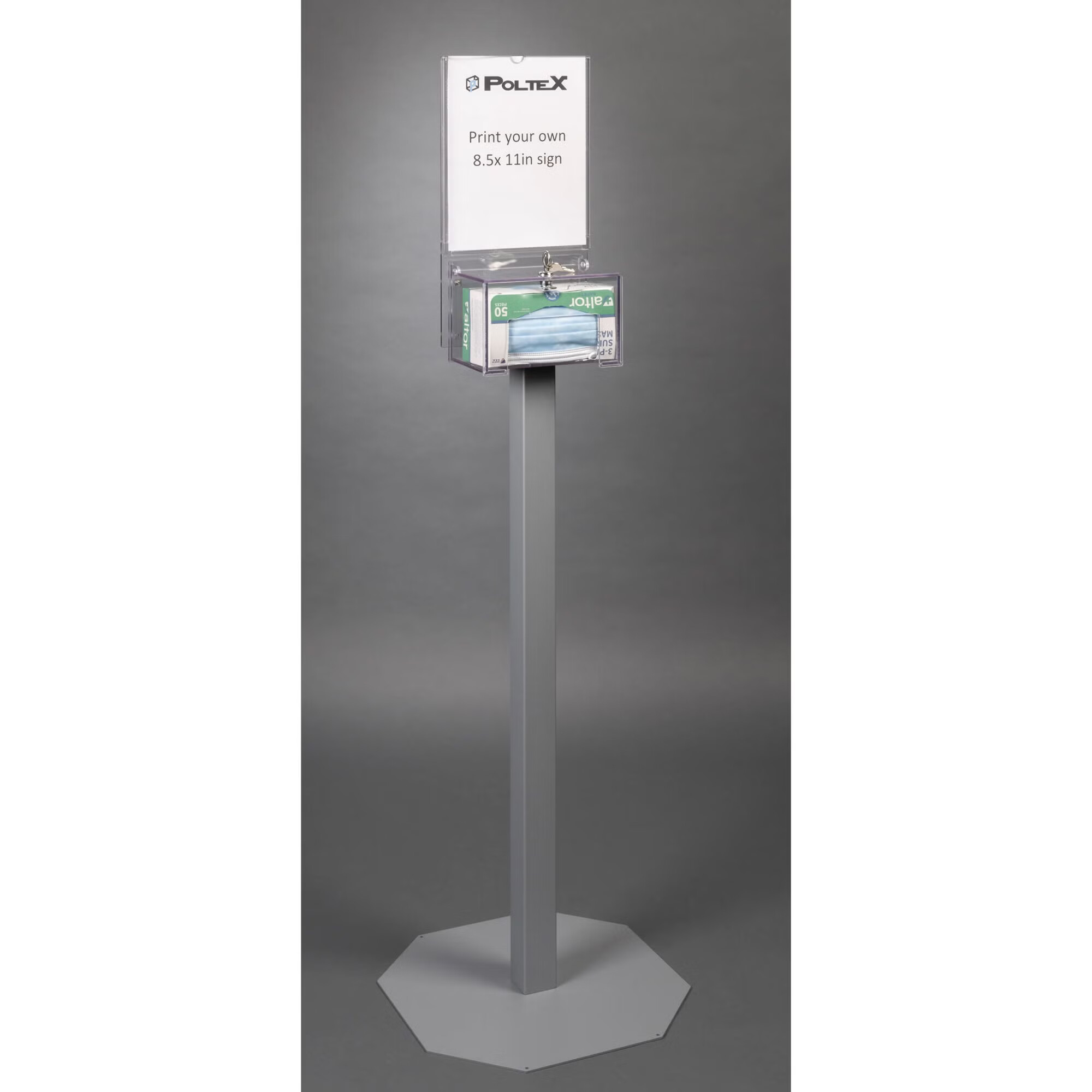 Poltex Inc - MASKBXLOK1-2STL-SLV Mask Dispenser Poltex Floor Stand 1-Box Capacity Clear 5 X 7-3/4 Inch PETG / Steel