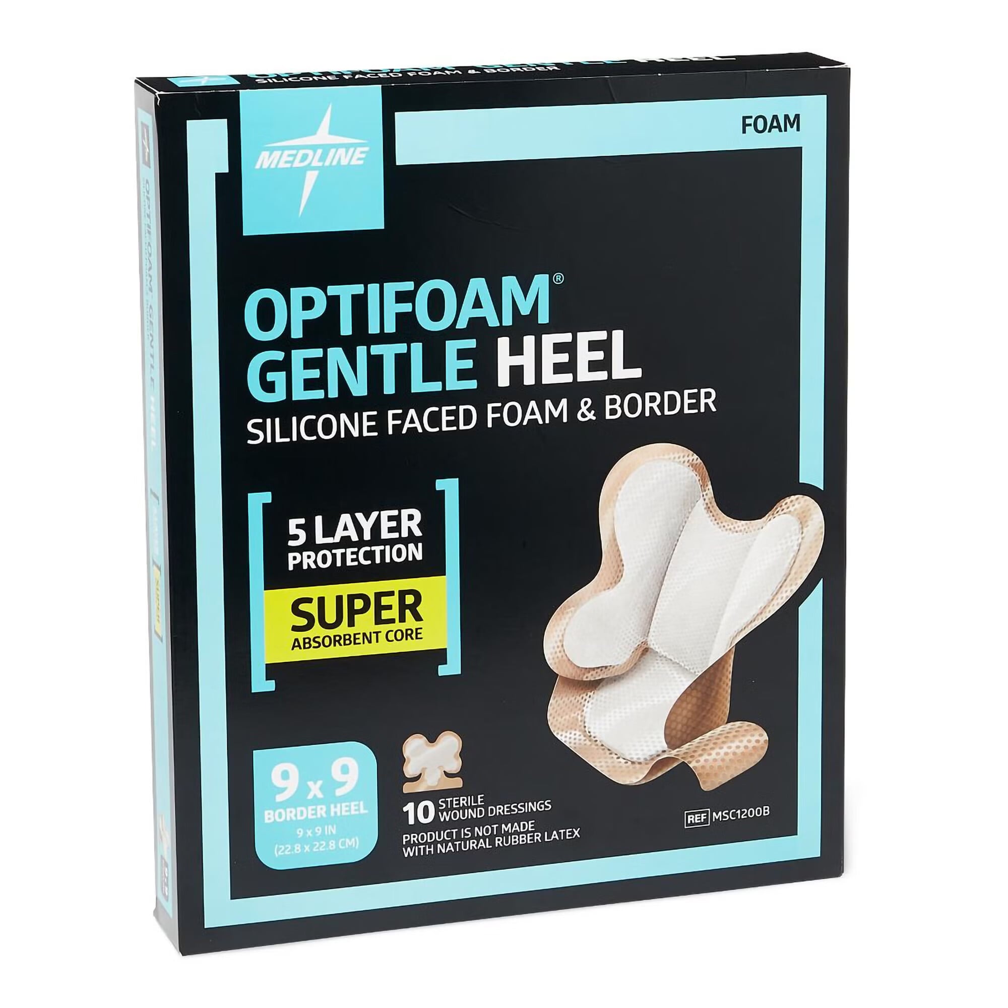 Medline - MSC1200B Foam Dressing Optifoam® Gentle Heel 9 X 9 Inch With Border Waterproof Film Backing Silicone Face and Border Heel Sterile