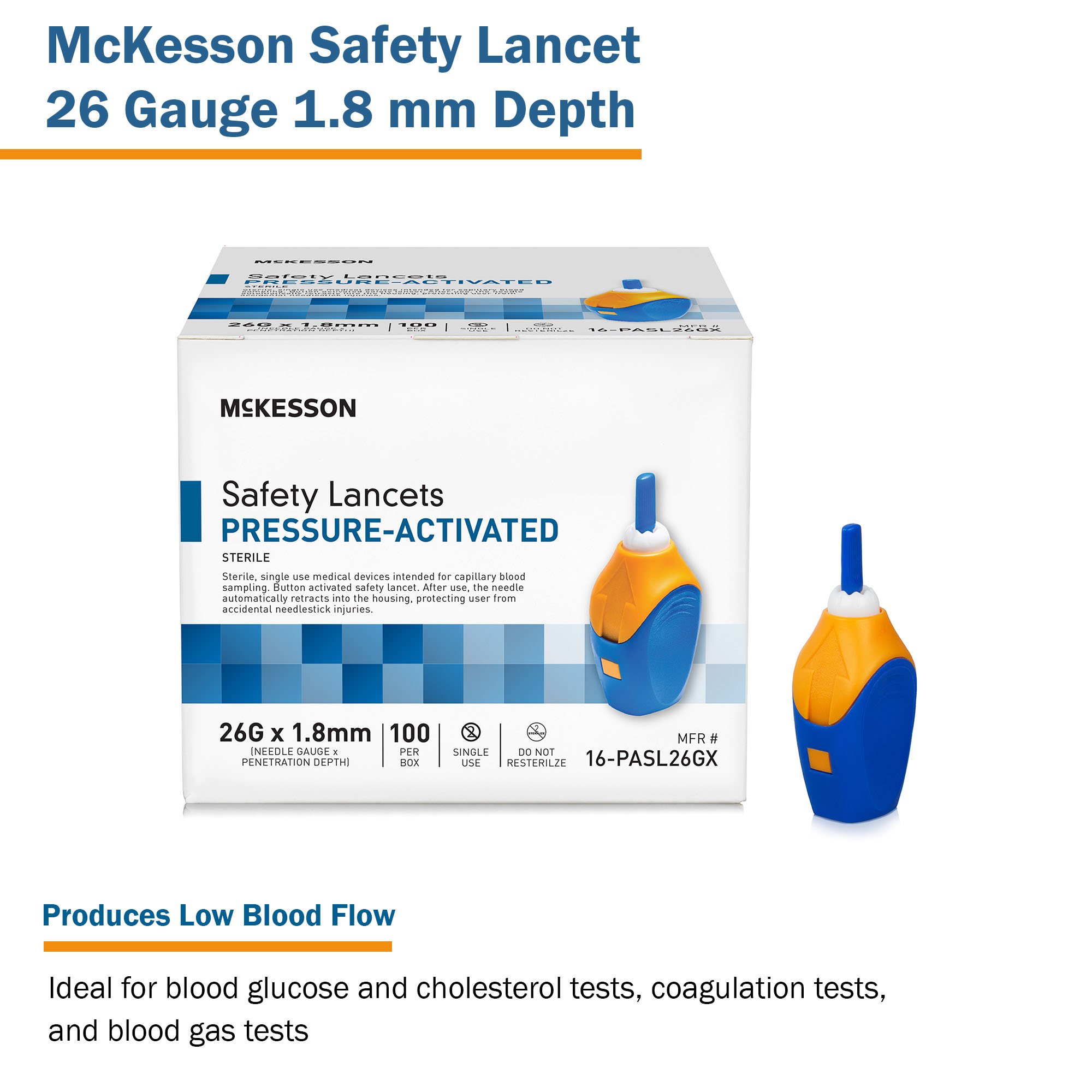McKesson Brand 16-PASL26GX - McKesson Pressure Activated Safety Lancets, 26 Gauge, Blue - 100/Box, 2000/Case