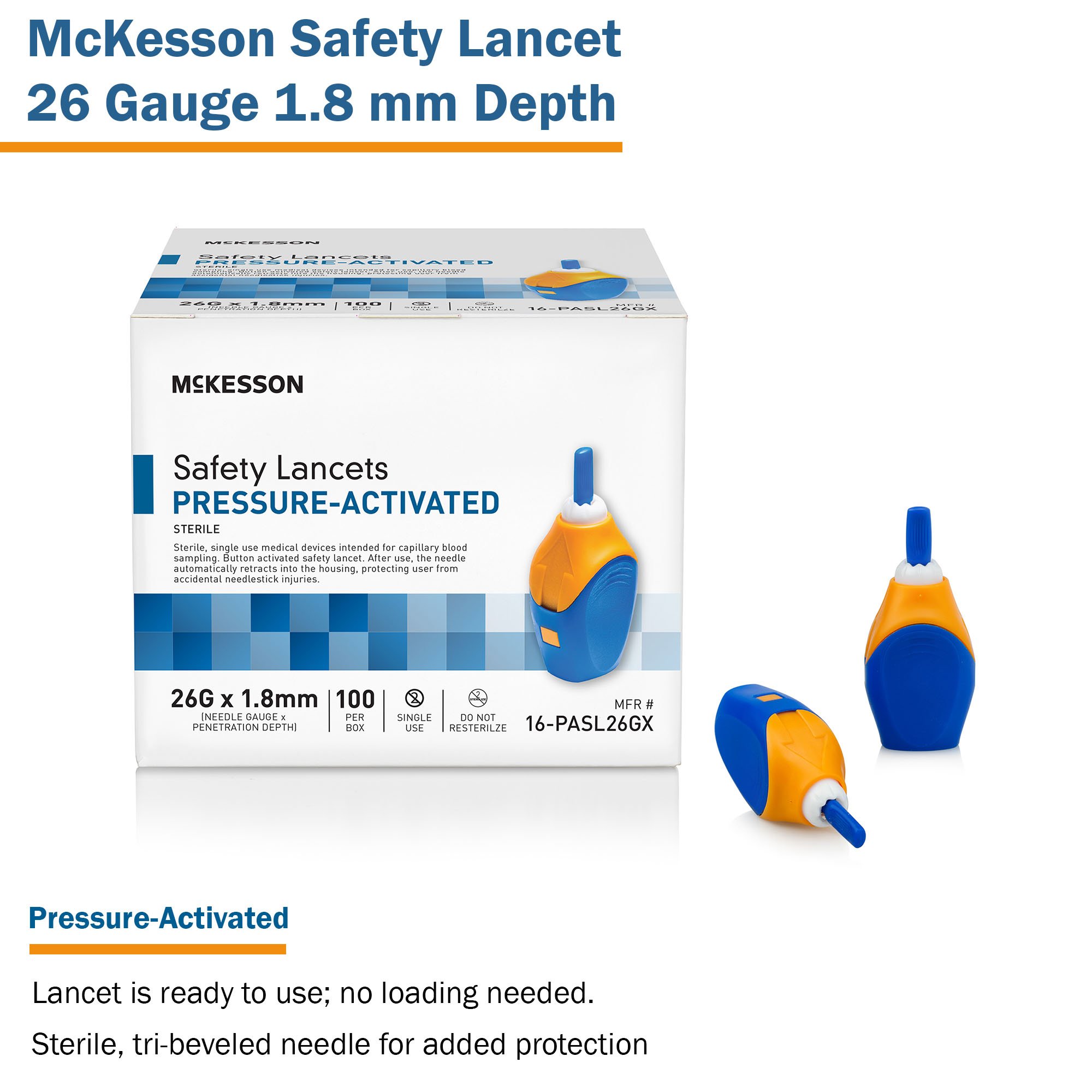 McKesson Brand 16-PASL26GX - McKesson Pressure Activated Safety Lancets, 26 Gauge, Blue - 100/Box, 2000/Case