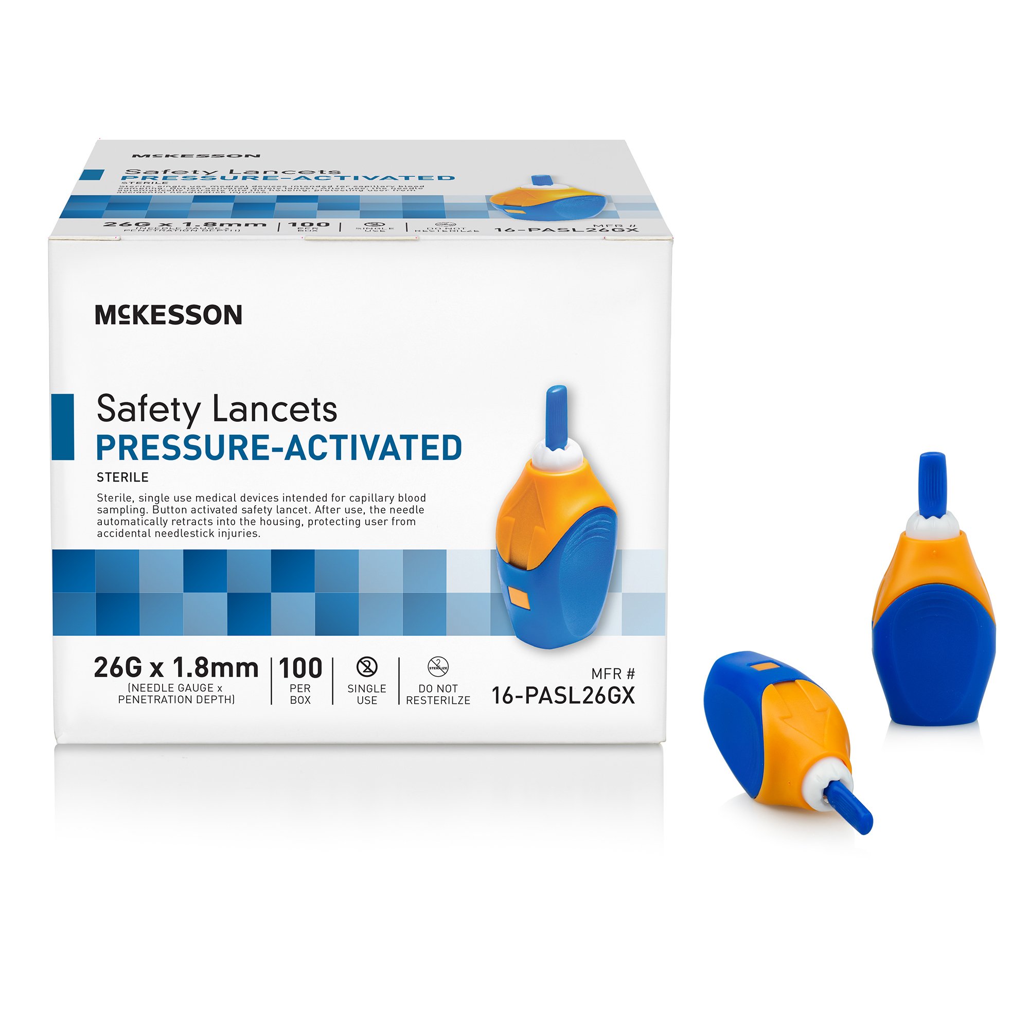 McKesson Brand 16-PASL26GX - McKesson Pressure Activated Safety Lancets, 26 Gauge, Blue - 100/Box, 2000/Case
