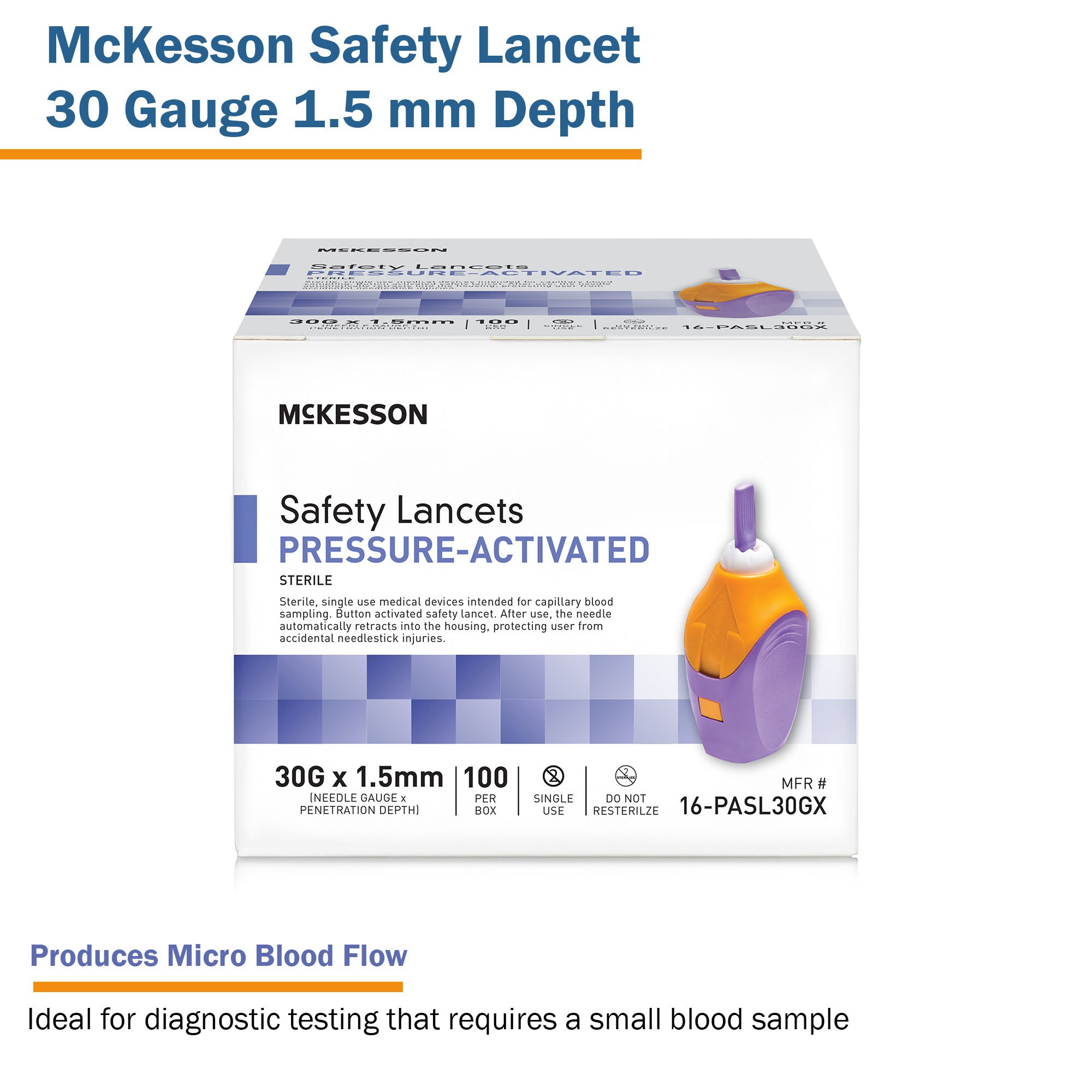 McKesson Brand 16-PASL30GX - McKesson Pressure Activated Safety Lancets, 30 Gauge, Purple - 100/Box, 2000/Case