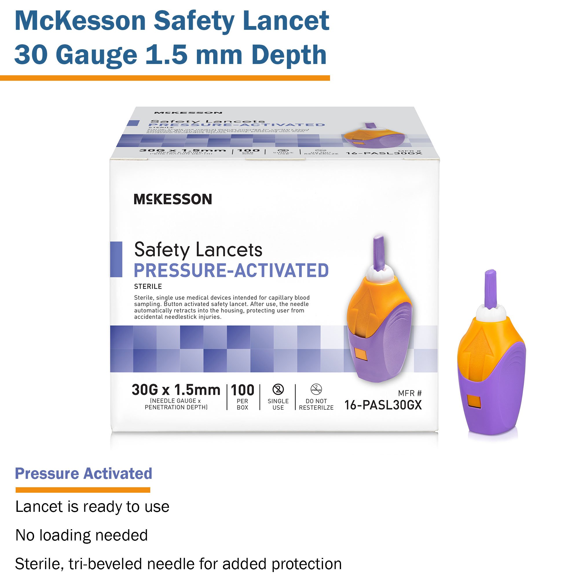 McKesson Brand 16-PASL30GX - McKesson Pressure Activated Safety Lancets, 30 Gauge, Purple - 100/Box, 2000/Case