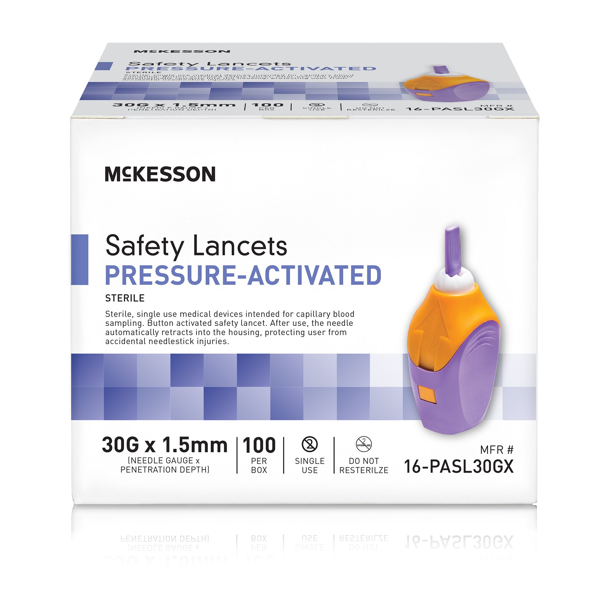 McKesson Brand 16-PASL30GX - McKesson Pressure Activated Safety Lancets, 30 Gauge, Purple - 100/Box, 2000/Case