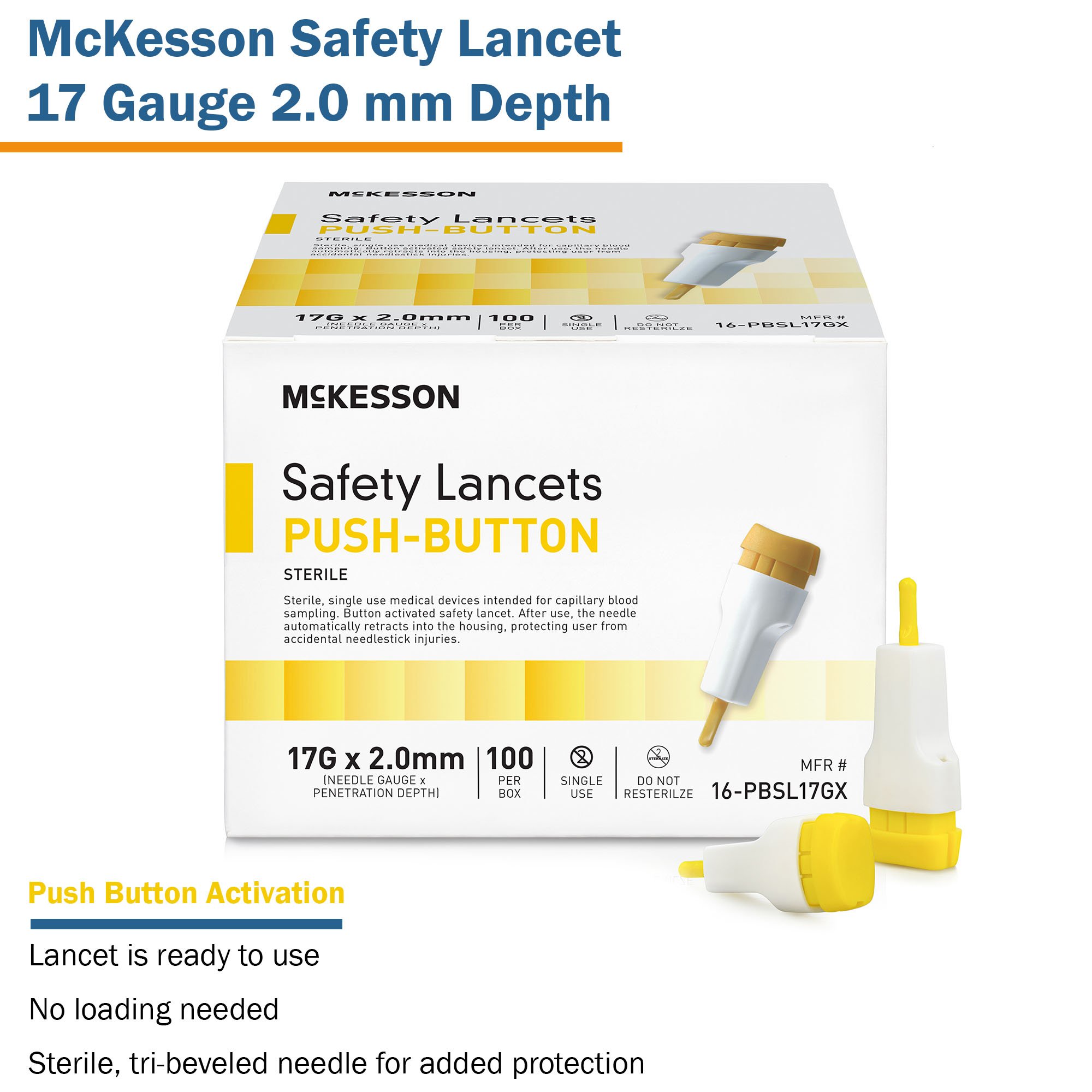 McKesson Brand 16-PBSL17GX - McKesson Push Button Safety Lancet, 17G x 2.0mm - 100/Box, 2000/Case