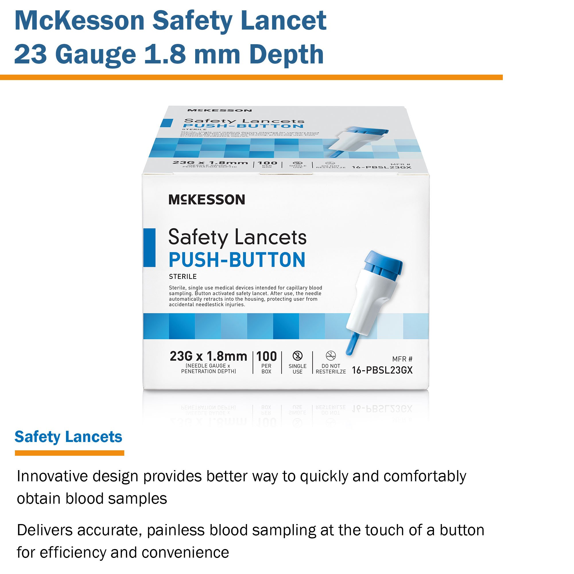 McKesson Brand 16-PBSL23GX - McKesson Push Button Safety Lancet, 23G x 1.8mm - 100/Box, 2000/Case