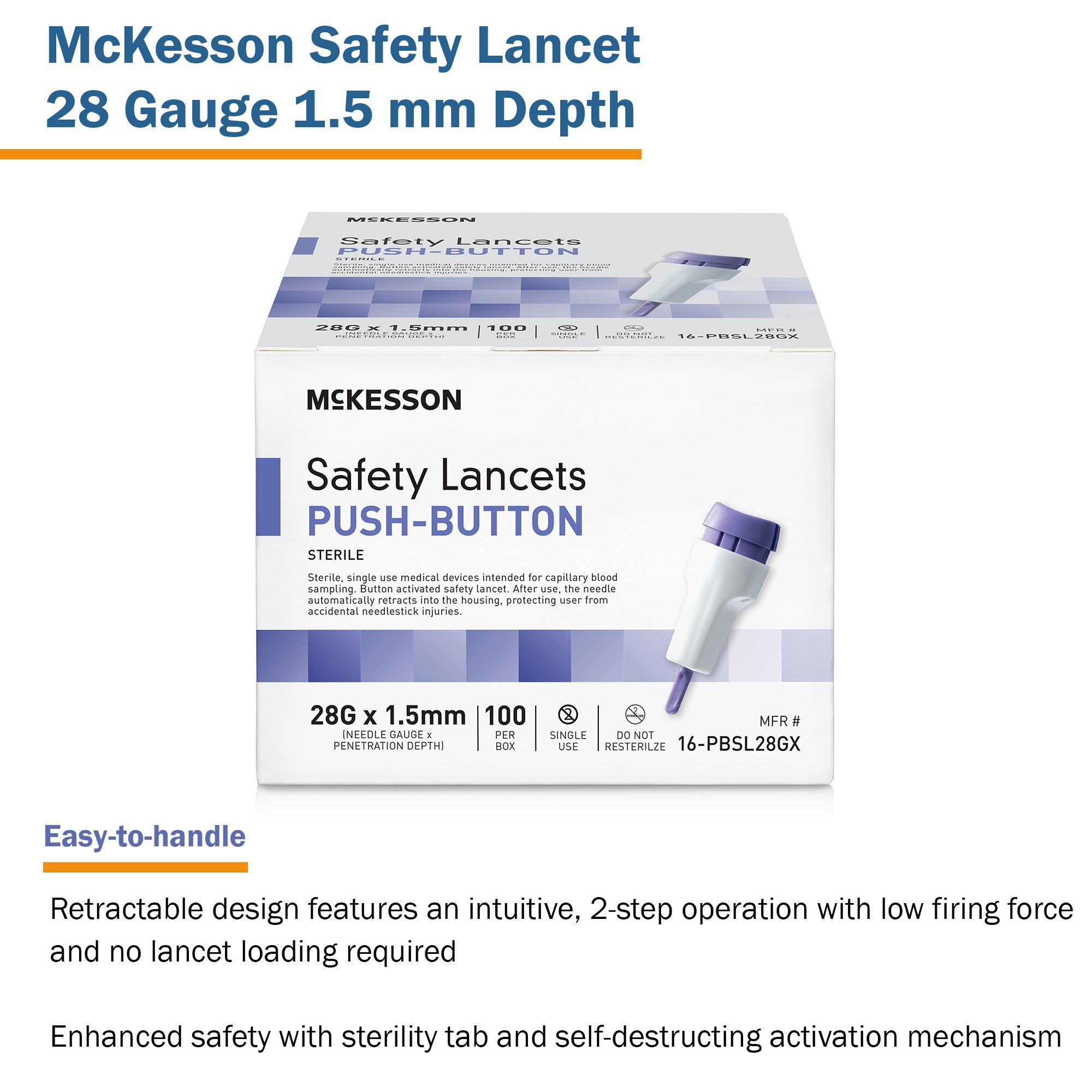 McKesson Brand 16-PBSL28GX - McKesson Push Button Safety Lancet, 28 Gauge - 100/Box, 2000/Case