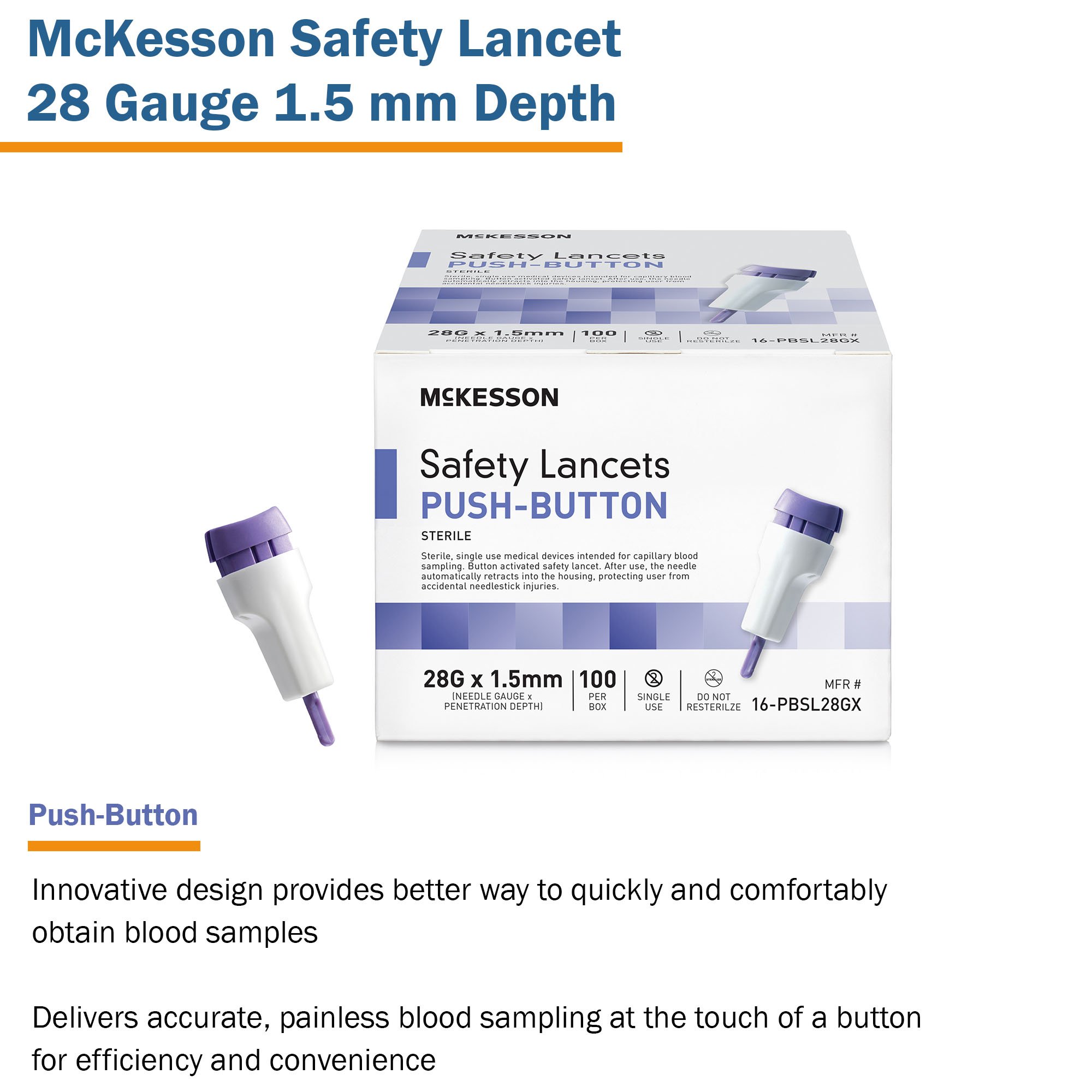 McKesson Brand 16-PBSL28GX - McKesson Push Button Safety Lancet, 28 Gauge - 100/Box, 2000/Case
