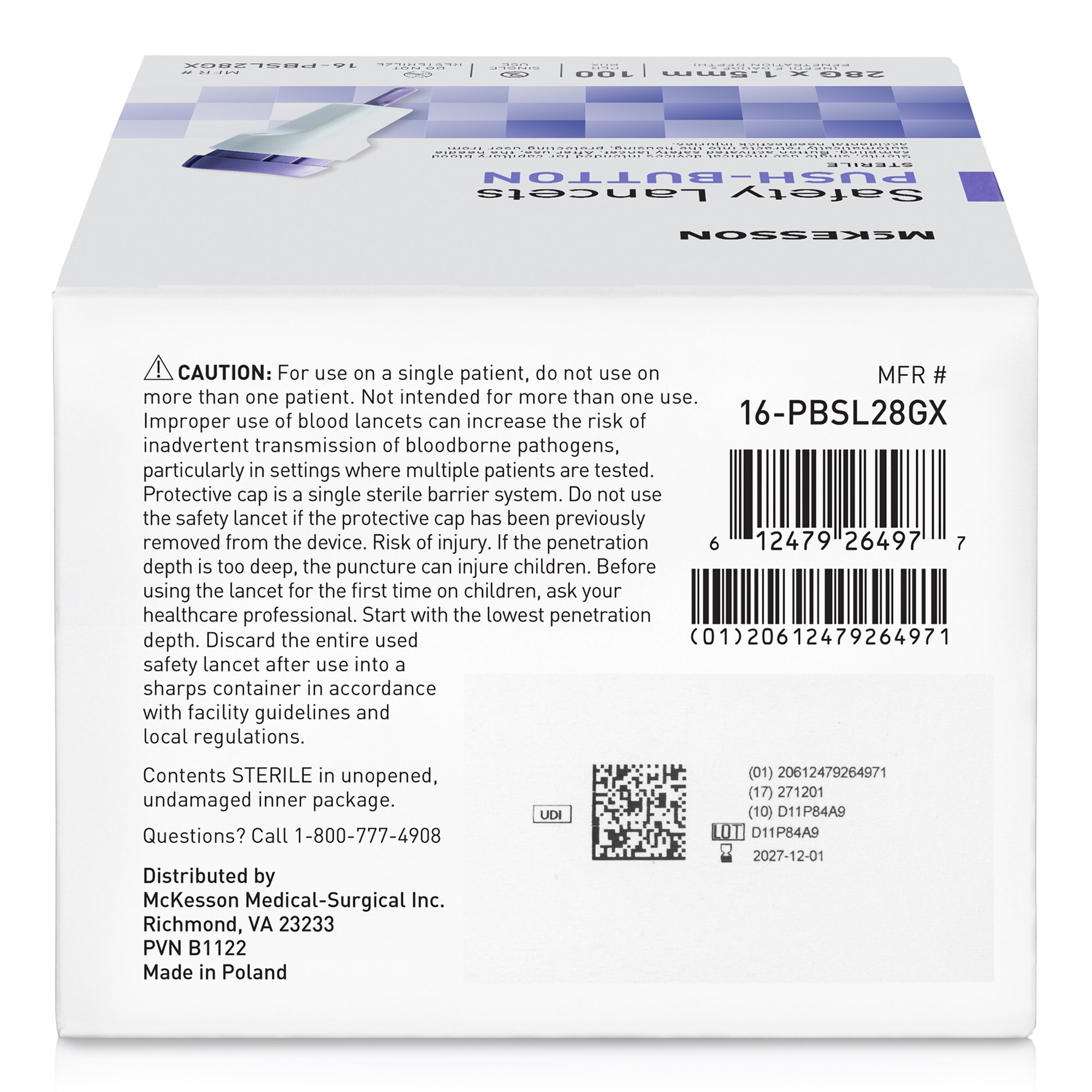 McKesson Brand 16-PBSL28GX - McKesson Push Button Safety Lancet, 28 Gauge - 100/Box, 2000/Case