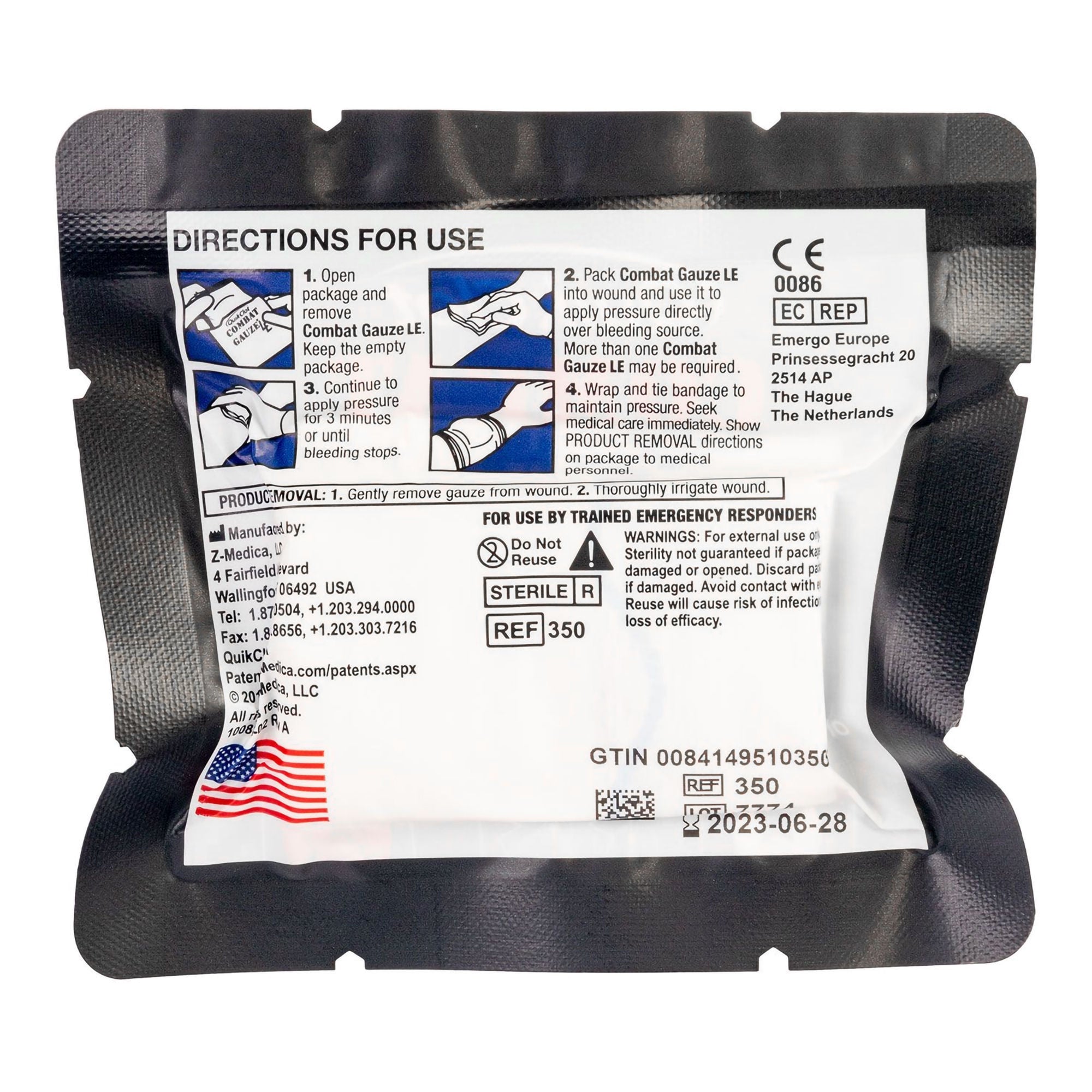 North American Rescue - 30-0109 Hemostatic Dressing QuikClot® Combat Gauze LE™ 3 Inch X 4 Yard 1 Count Sterile