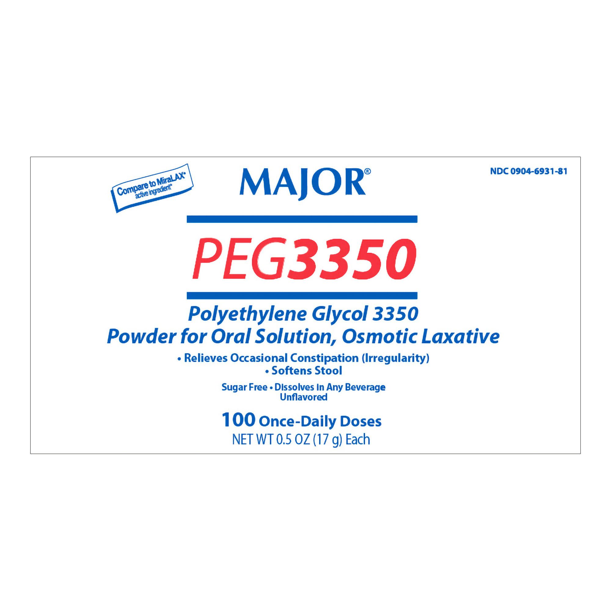 Major Pharmaceuticals - 00904693181 Polyethylene Glycol 3350 (PEG 3350) 17 Gram / Dose Powder for Solution 100 Packets