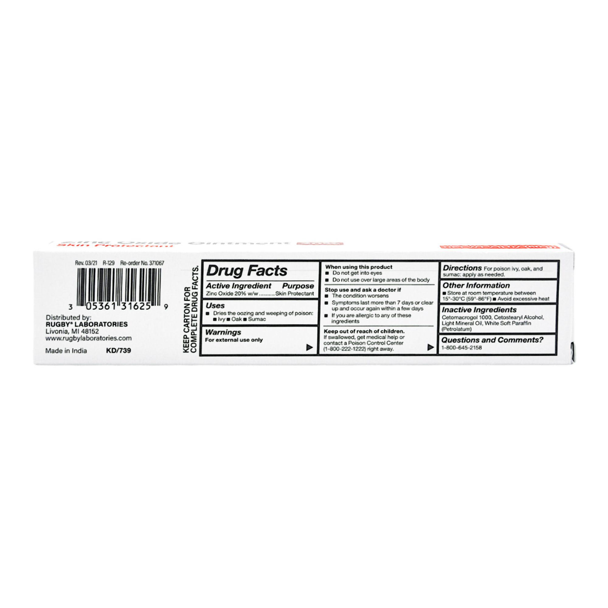 Major Pharmaceuticals 00536131625 - Rugby® 20% Zinc Oxide Ointment Skin Protectant, 60-gram Tube - 1/Each