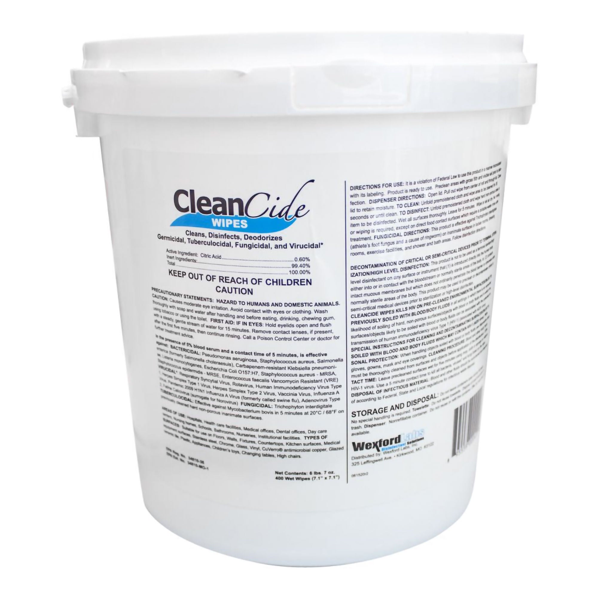 Wexford Labs - 3130B-400 Surface Disinfectant Cleaner CleanCide Premoistened Germicidal Manual Pull Wipe 400 Count Tub Citrus Scent NonSterile