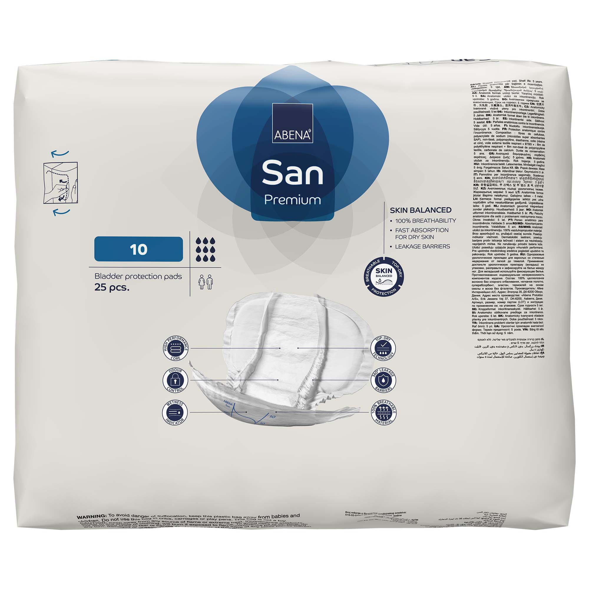 Abena North America 1000021312 - Abena® San 10 Premium Bladder Protection Pads - 25/Pack, 100/Case