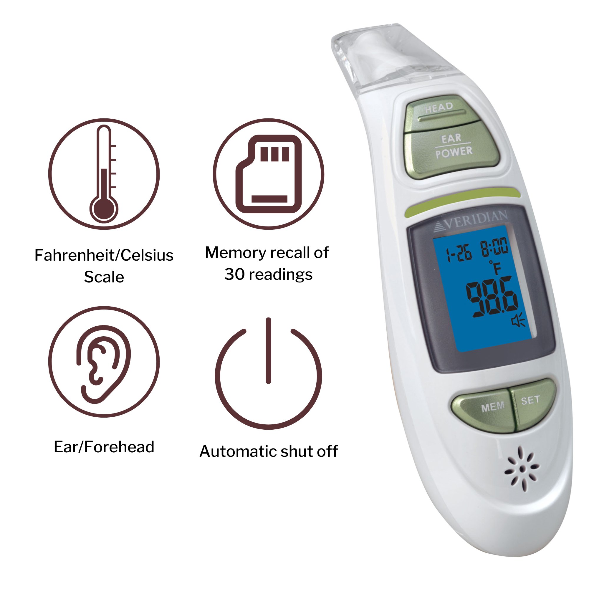 Veridian Healthcare LLC 09-342 - Veridian Infrared Thermometer, Tympanic Ear Digital Talking Thermometer - 1/Each, 24/Case