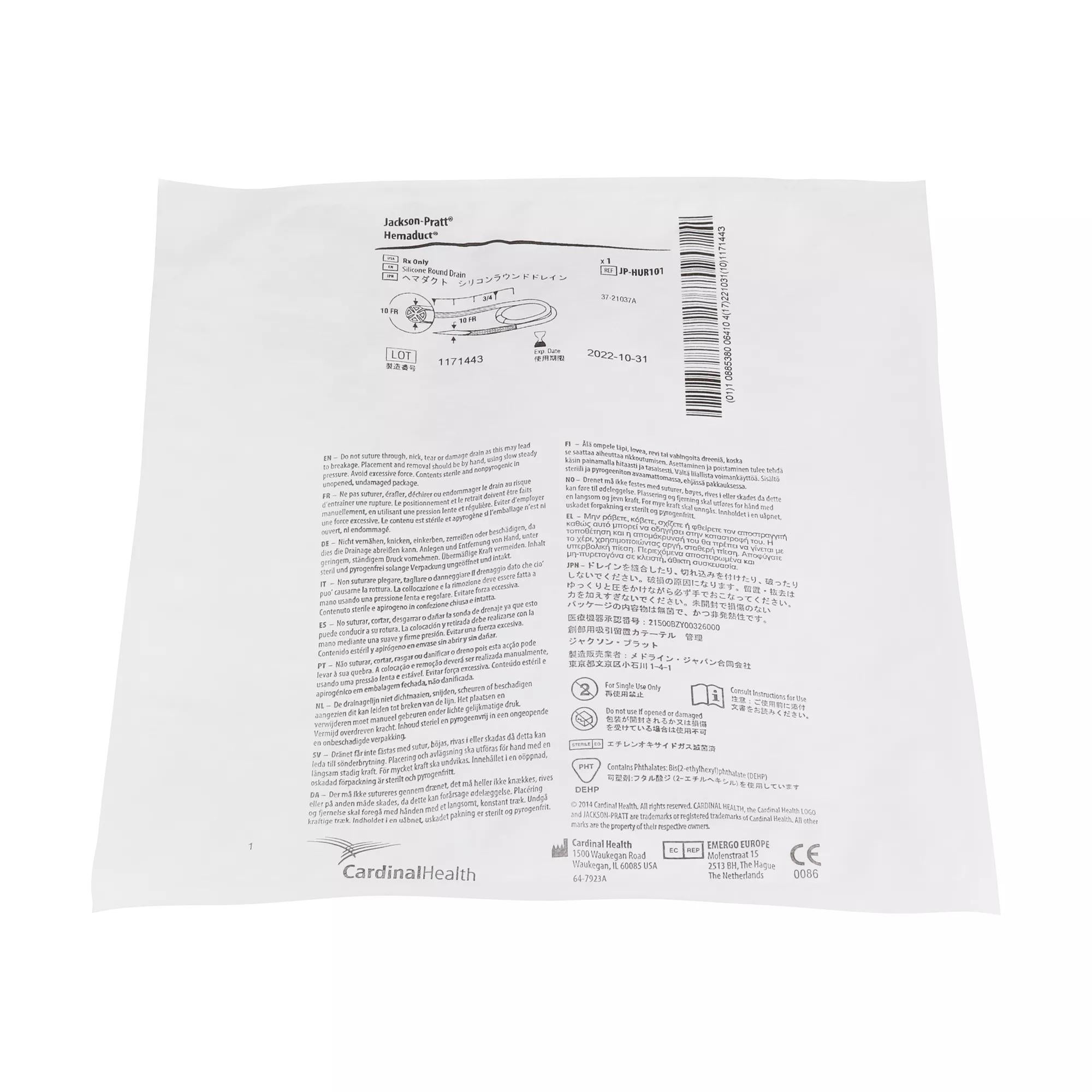 Cardinal - JP-HUR101 Wound Drain Tube Jackson-Pratt® Hemaduct® Round Type With Trocar Open-Closed Channel Type 10 Fr. Size Sterile