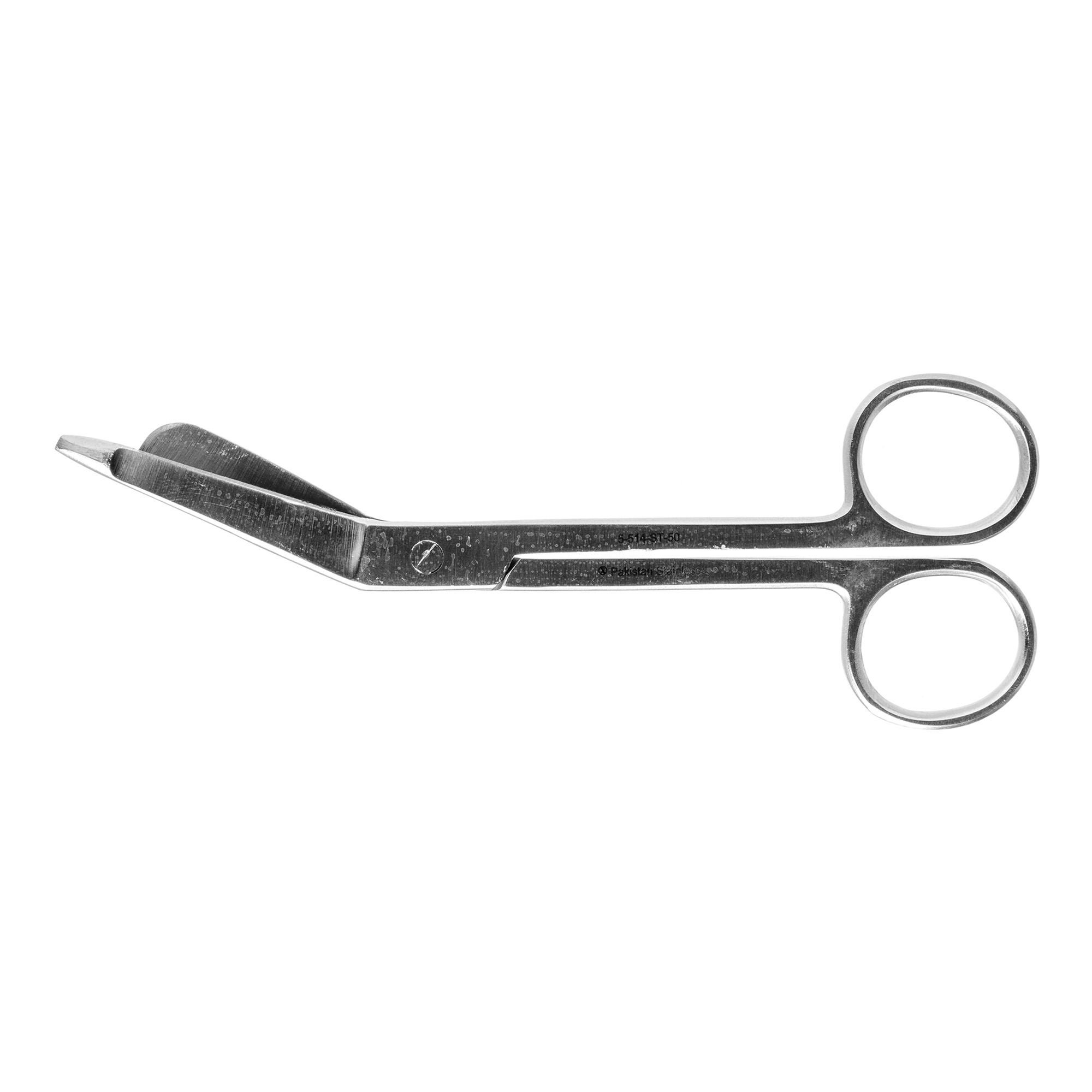 Miltex Instrument (Sterile Dis) - 5-514-ST-50 Bandage Scissors Miltex® Disposable Lister 5-1/2 Inch Length Floor / Office Grade Pakistani Stainless Steel Sterile Finger Ring Handle Angled Blunt Tip / Blunt Tip