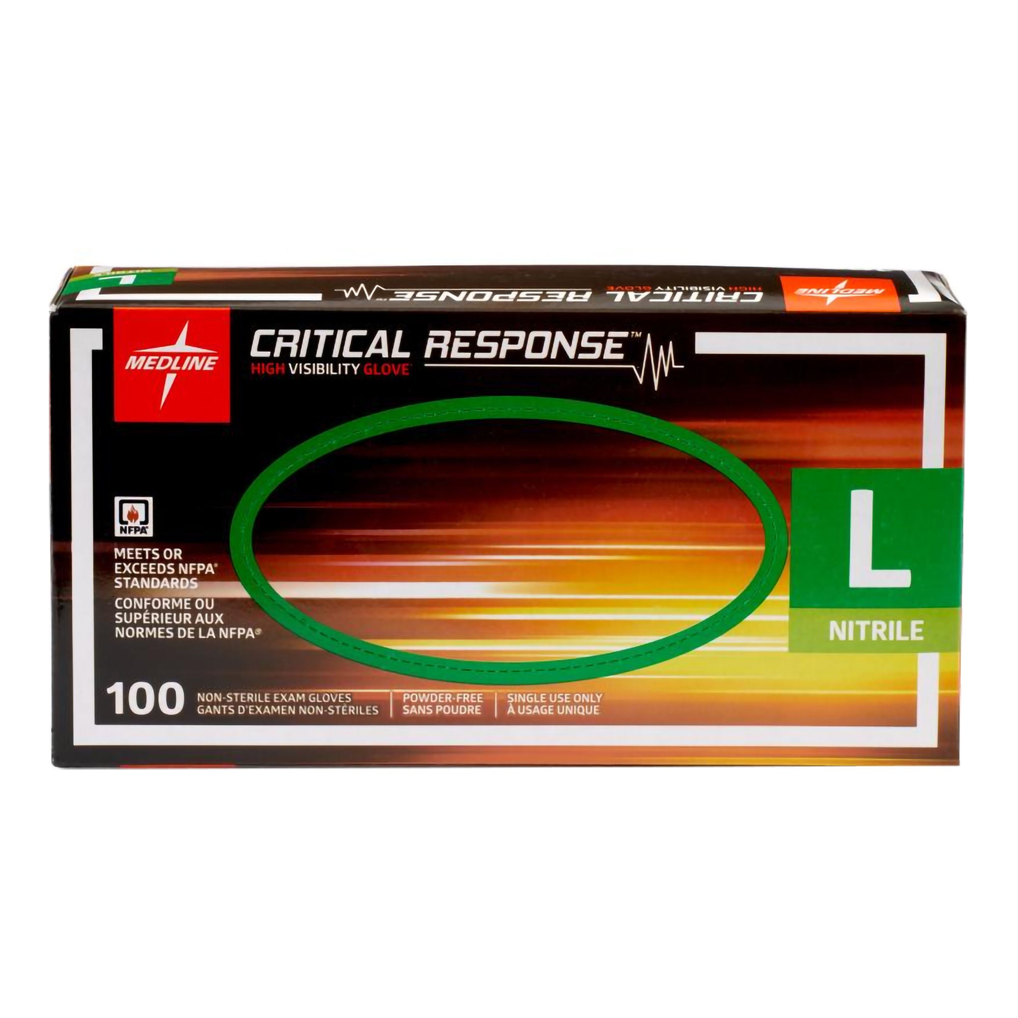 Medline - CR911L Exam Glove Medline Critical Response Large 100 per Box NonSterile Nitrile Standard Cuff Length Fully Textured Orange Chemo Tested / Fentanyl Tested