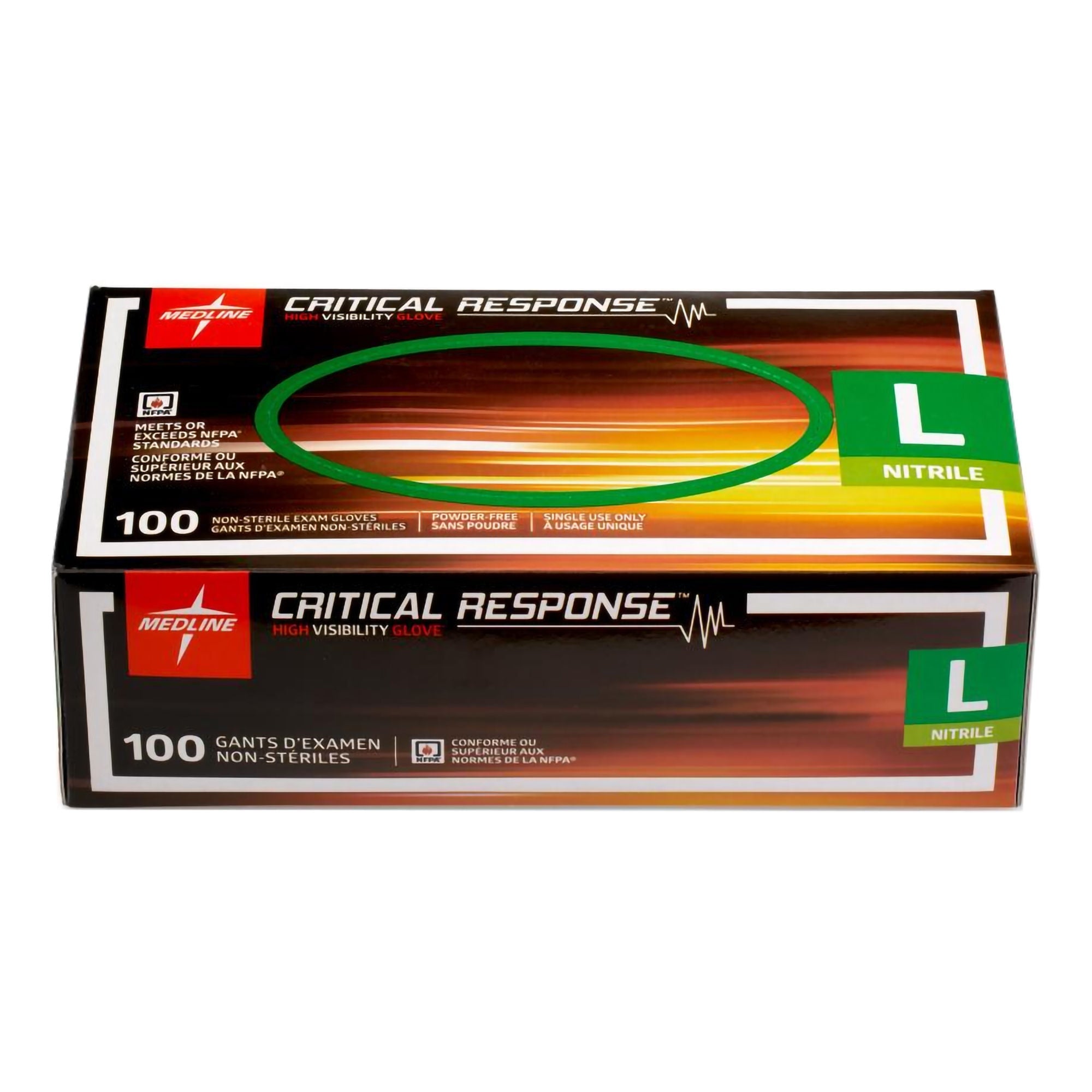 Medline - CR911L Exam Glove Medline Critical Response Large 100 per Box NonSterile Nitrile Standard Cuff Length Fully Textured Orange Chemo Tested / Fentanyl Tested