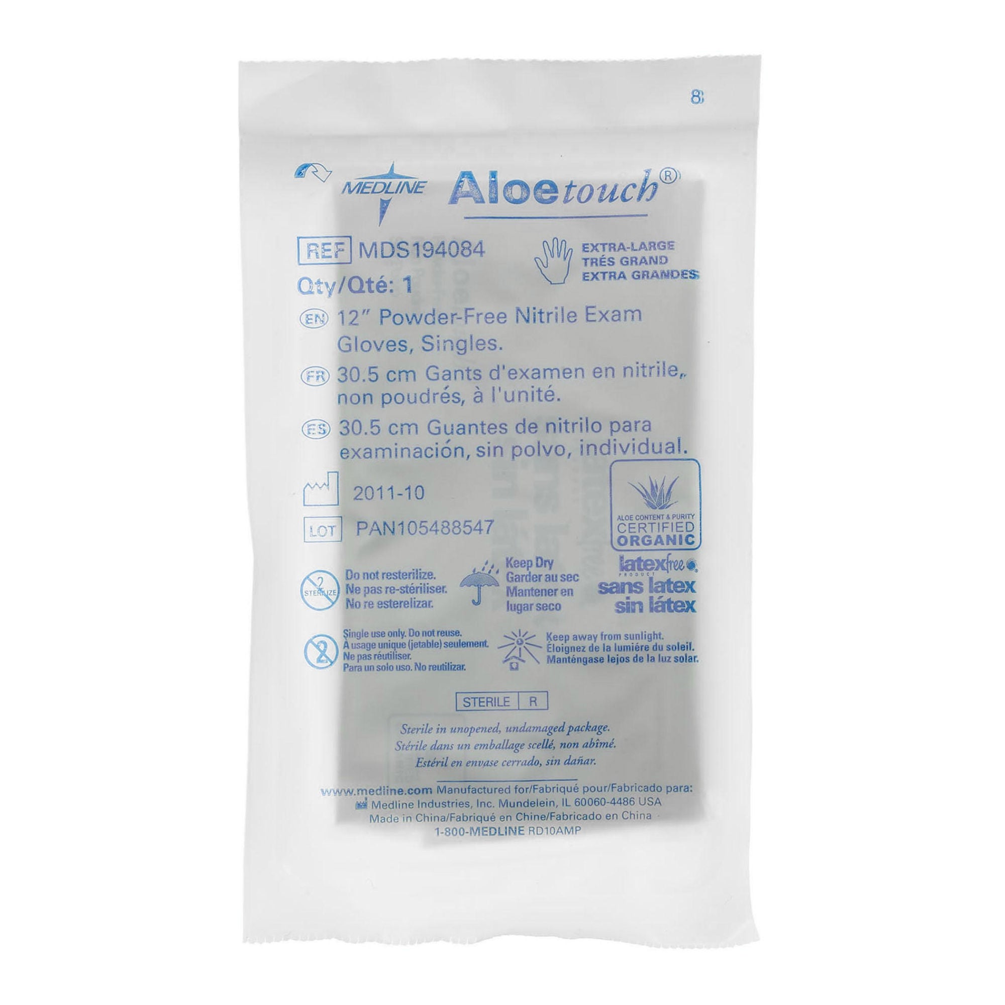 Medline - MDS194084 Exam Glove Aloetouch® X-Large 400 per Case Sterile Single Nitrile Extended Cuff Length Fully Textured Green Chemo Tested