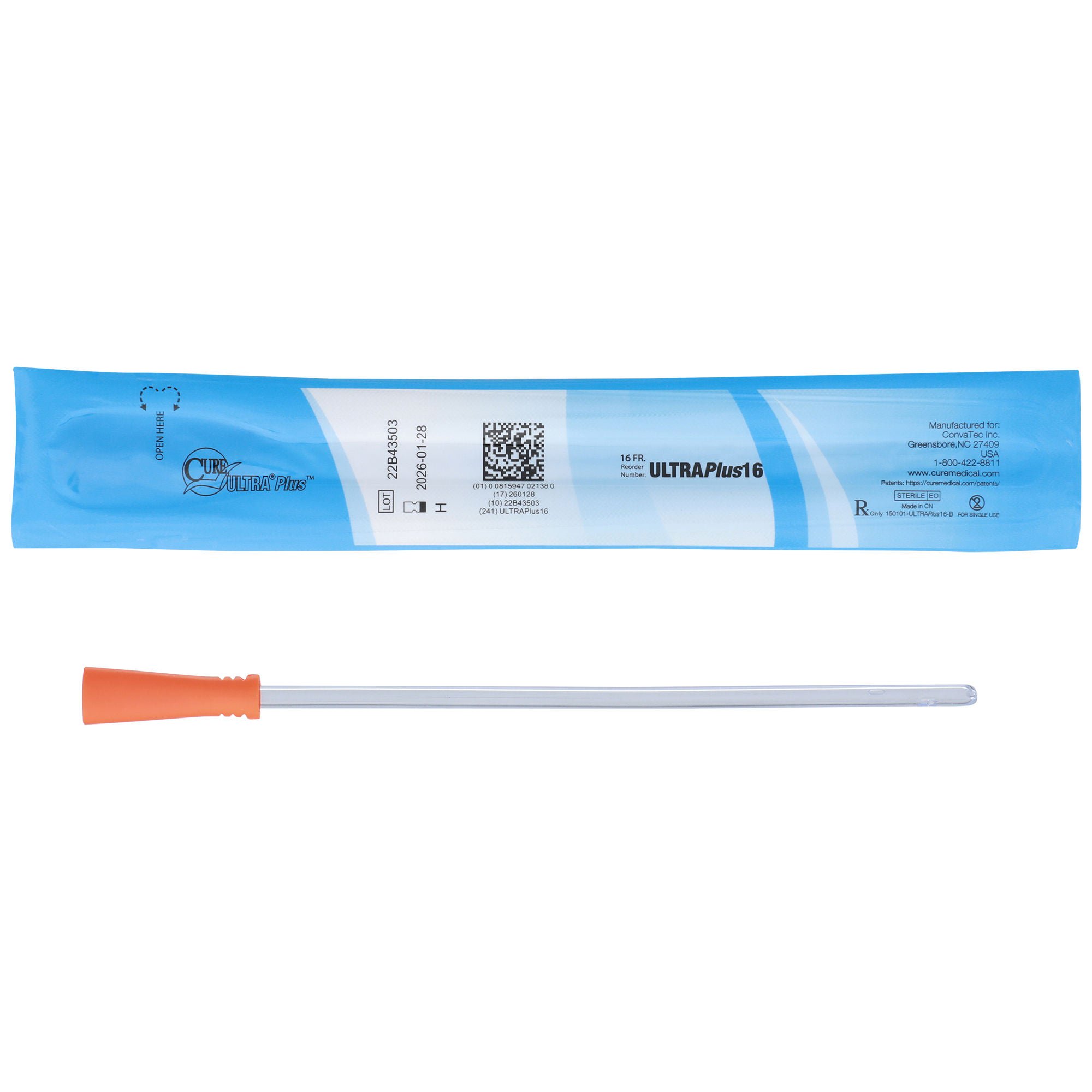 ConvaTec - ULTRAPLUS16 Urethral Catheter Cure Ultra® Plus™ Straight Tip Lubricated PVC 16 Fr. 8 Inch Length