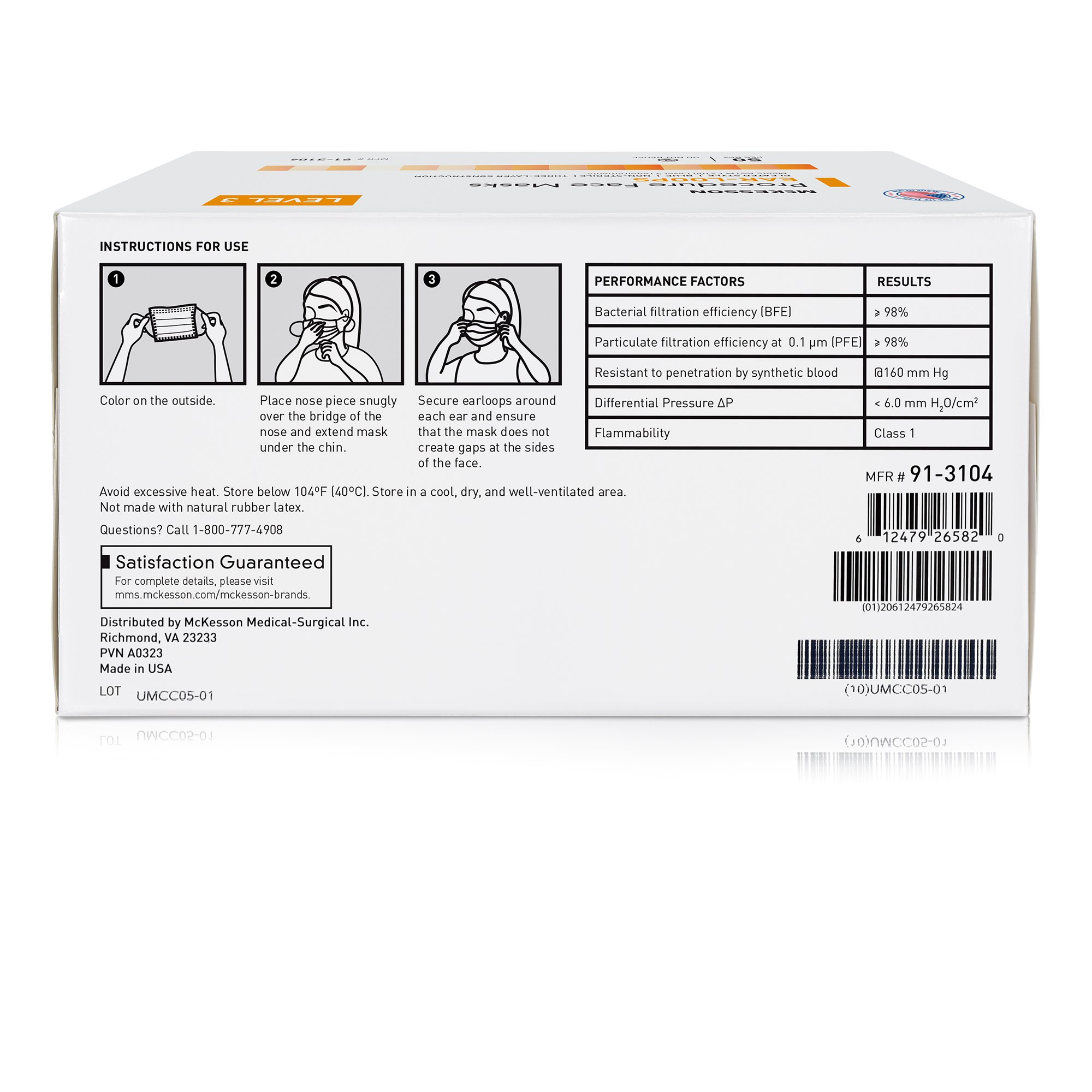 McKesson Brand 91-3104 - McKesson Procedure Masks, ASTM Level 3 - 50/Box, 500/Case