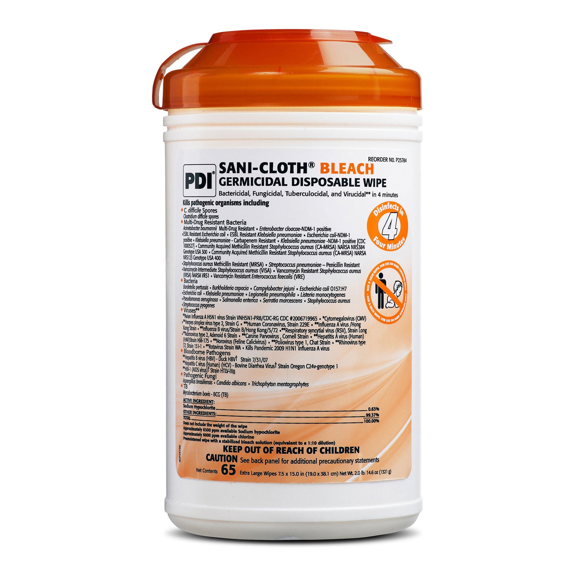 Professional Disposables - P25784 Surface Disinfectant Cleaner Sani-Cloth® Bleach Premoistened Germicidal Manual Pull Wipe 65 Count Canister Chlorine Scent NonSterile