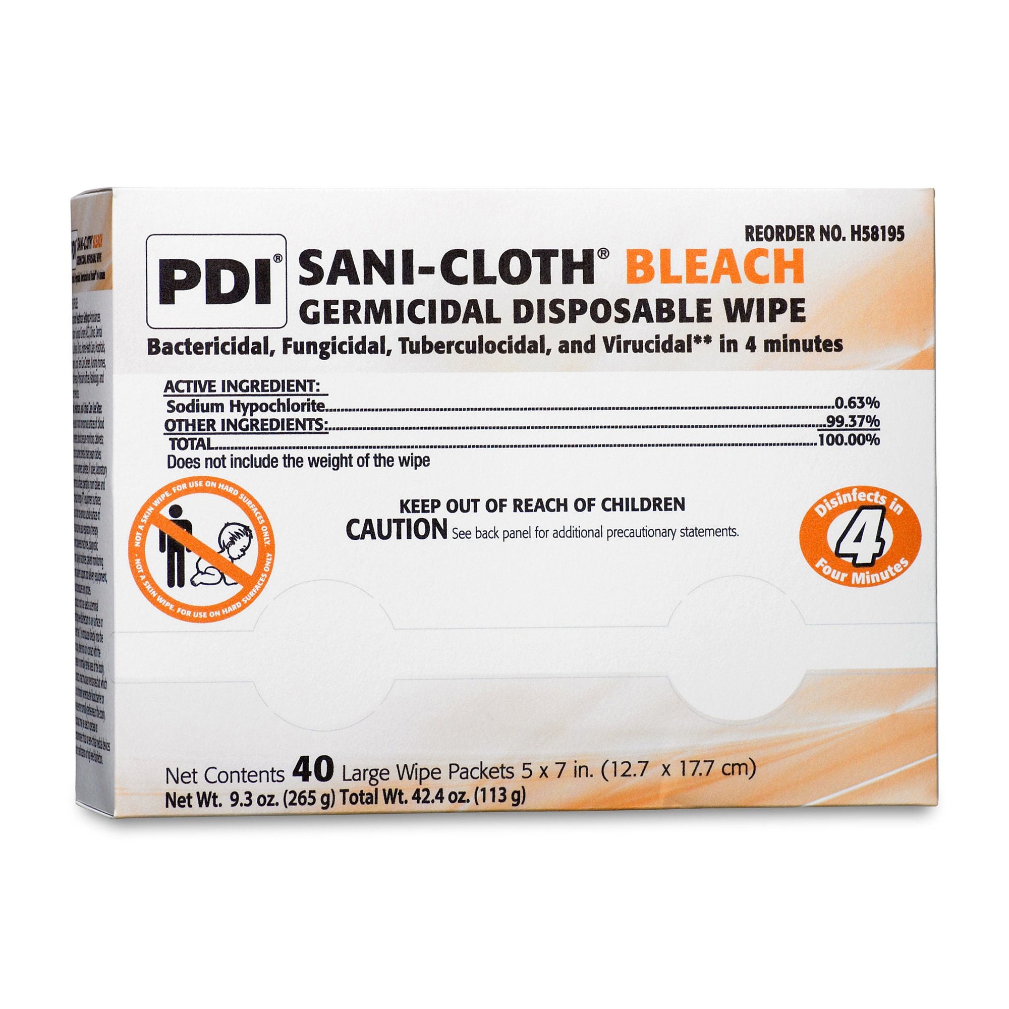 Professional Disposables - H58195 Surface Disinfectant Cleaner Sani-Cloth® Bleach Premoistened Germicidal Manual Pull Wipe 40 Count Individual Packet Chlorine Scent NonSterile