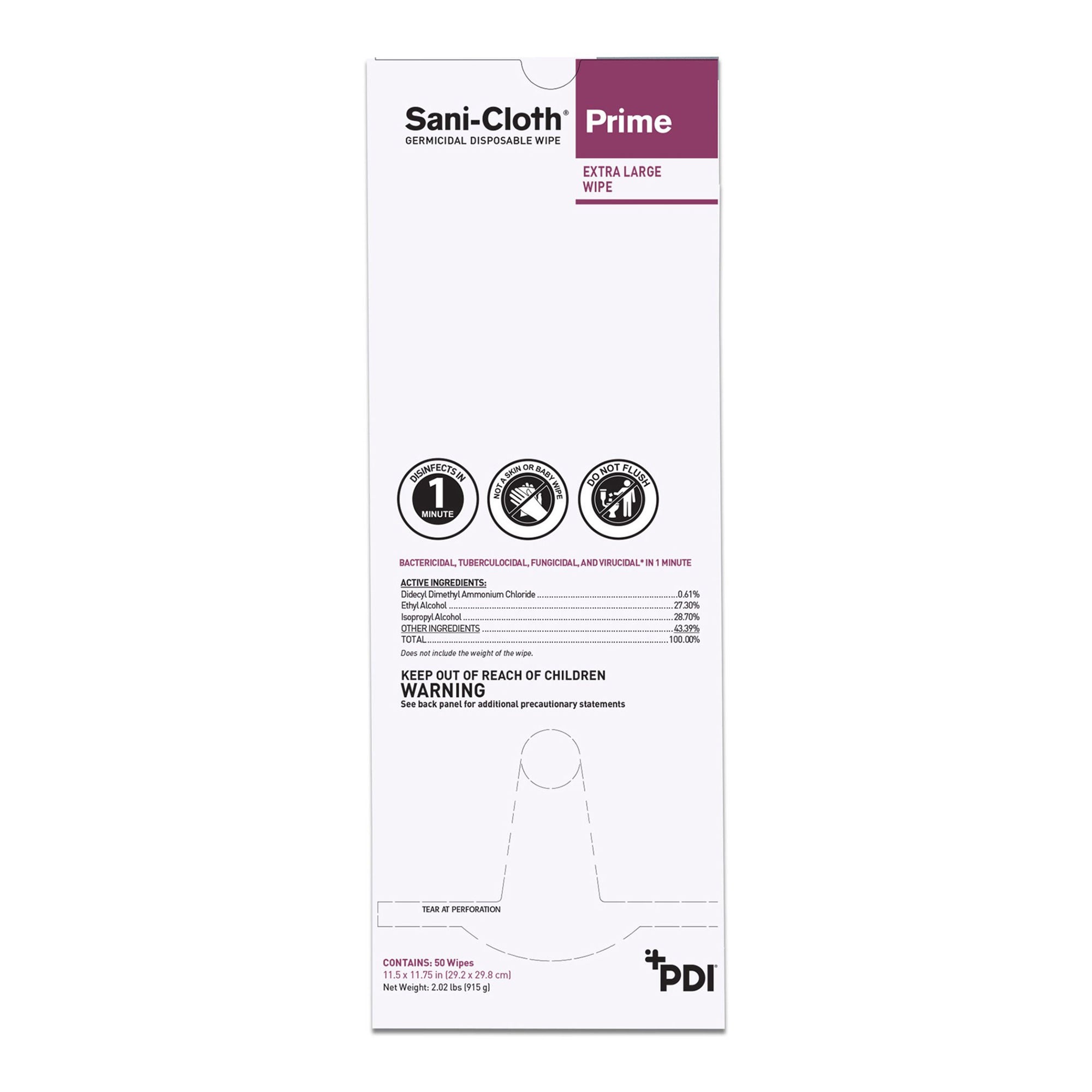 Professional Disposables - U13195 Surface Disinfectant Cleaner Sani-Cloth® Prime Premoistened Germicidal Manual Pull Wipe 50 Count Individual Packet Alcohol Scent NonSterile