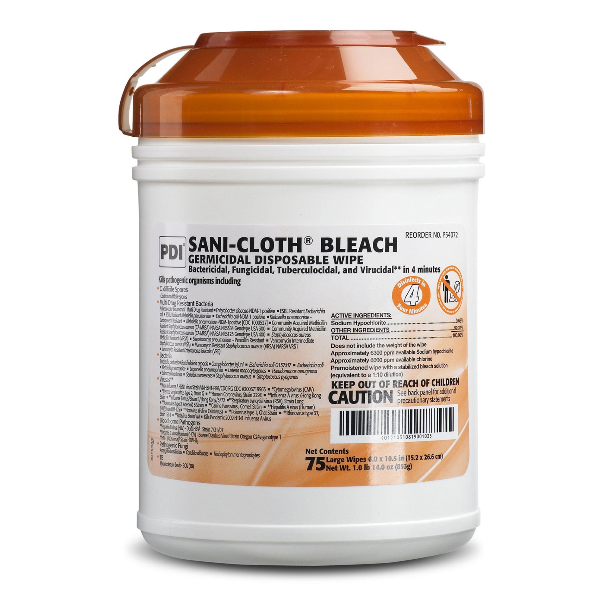Professional Disposables - P54072 Surface Disinfectant Cleaner Sani-Cloth® Bleach Premoistened Germicidal Manual Pull Wipe 75 Count Canister Chlorine Scent NonSterile