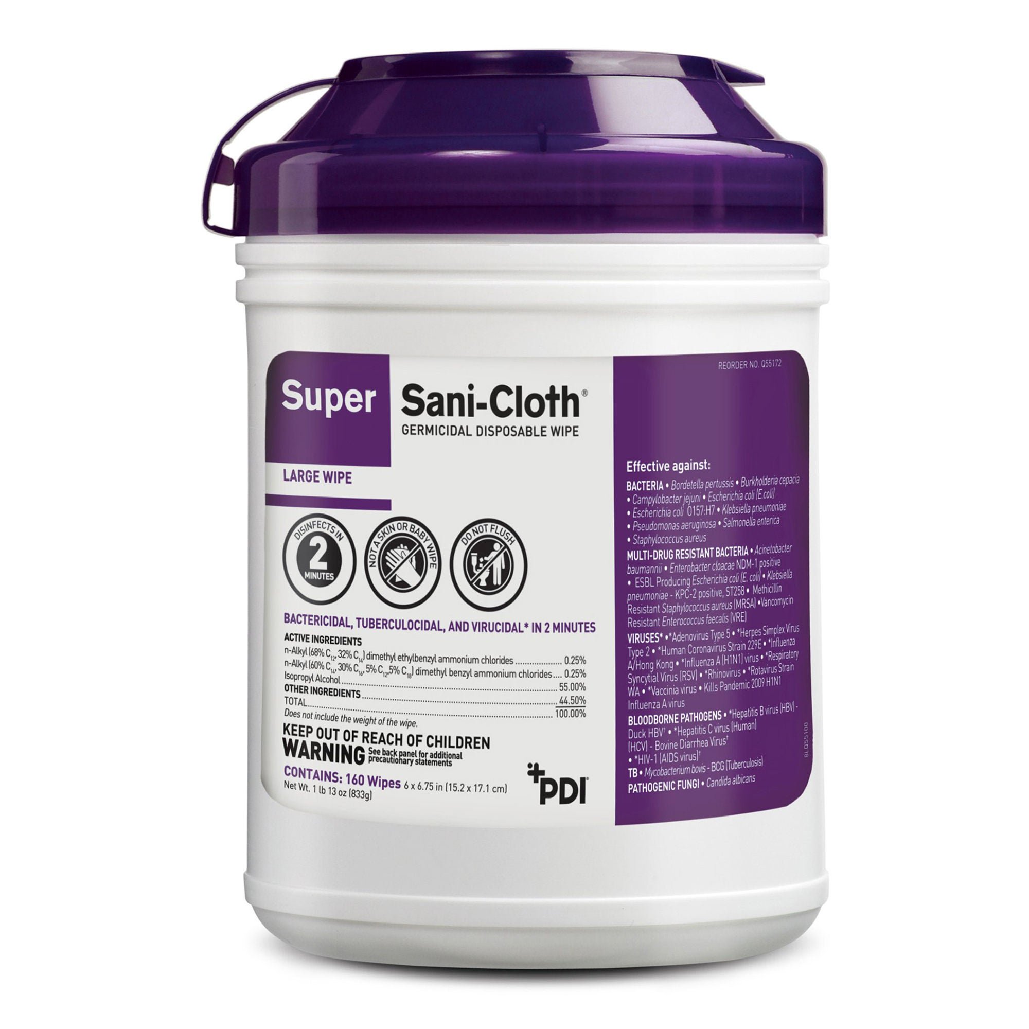 Professional Disposables - Q55172 Super Sani-Cloth® Large Germicidal Disinfectant Wipes, Canister, 160 ct.