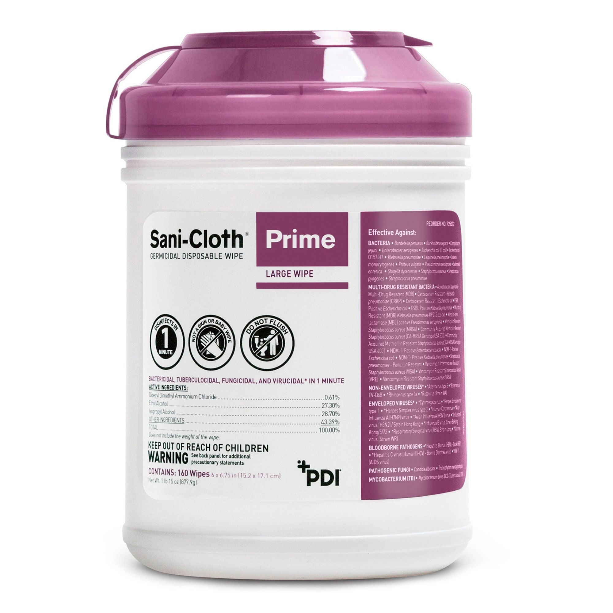 Professional Disposables - P25372 Surface Disinfectant Cleaner Sani-Cloth® Prime Premoistened Germicidal Manual Pull Wipe 160 Count Canister Alcohol Scent NonSterile