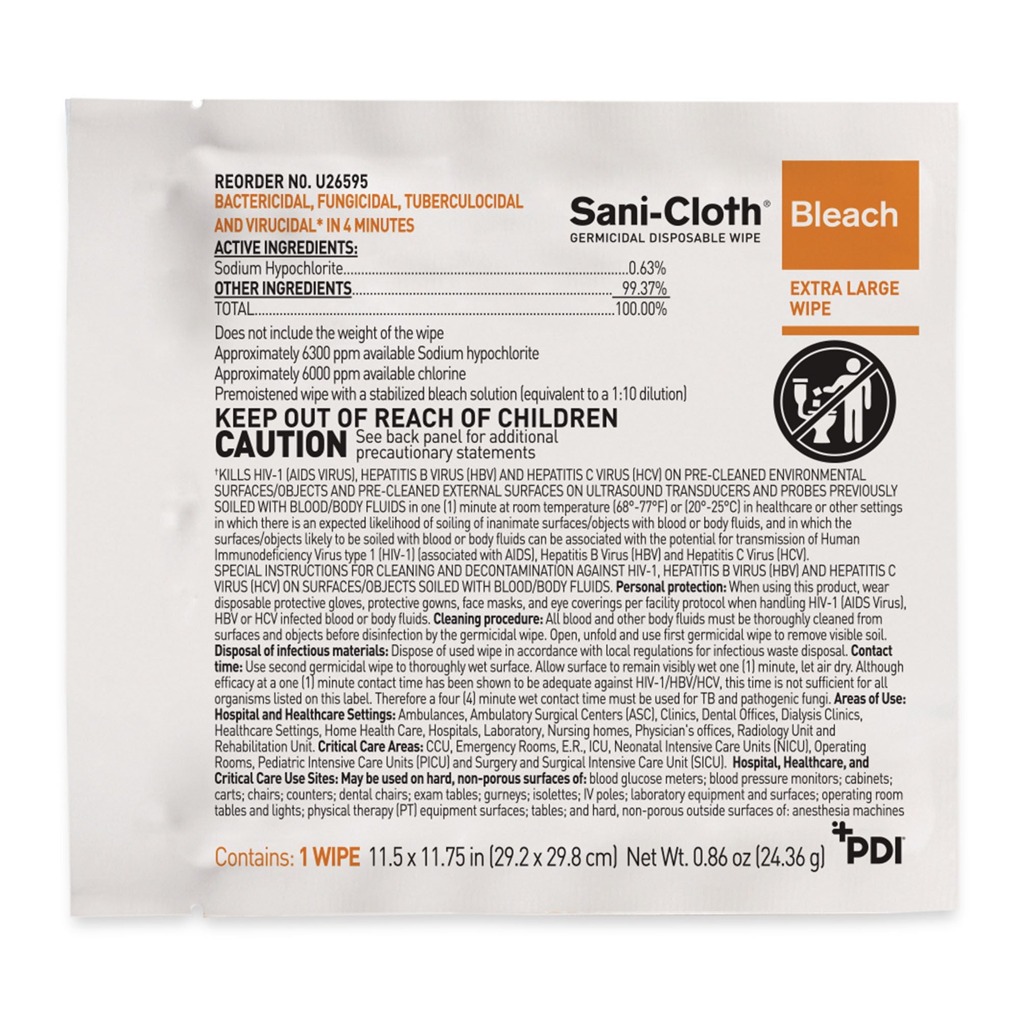 Professional Disposables - U26595 Surface Disinfectant Cleaner Sani-Cloth® Bleach Premoistened Germicidal Manual Pull Wipe 40 Count Individual Packet Chlorine Scent NonSterile
