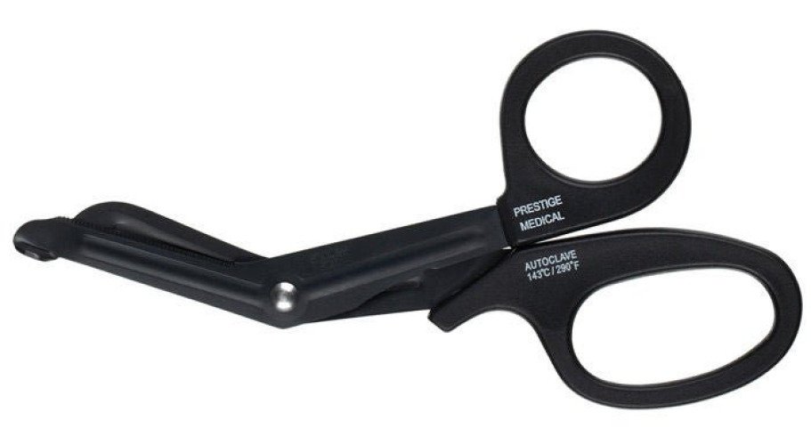 Prestige Medical - 607-BLK Bandage Scissors Prestige Medical® 7-1/2 Inch Length Floor / Office Grade Fluoride Coated Stainless Steel NonSterile Black Finger Ring Handle Angled Blunt Tip / Blunt Tip