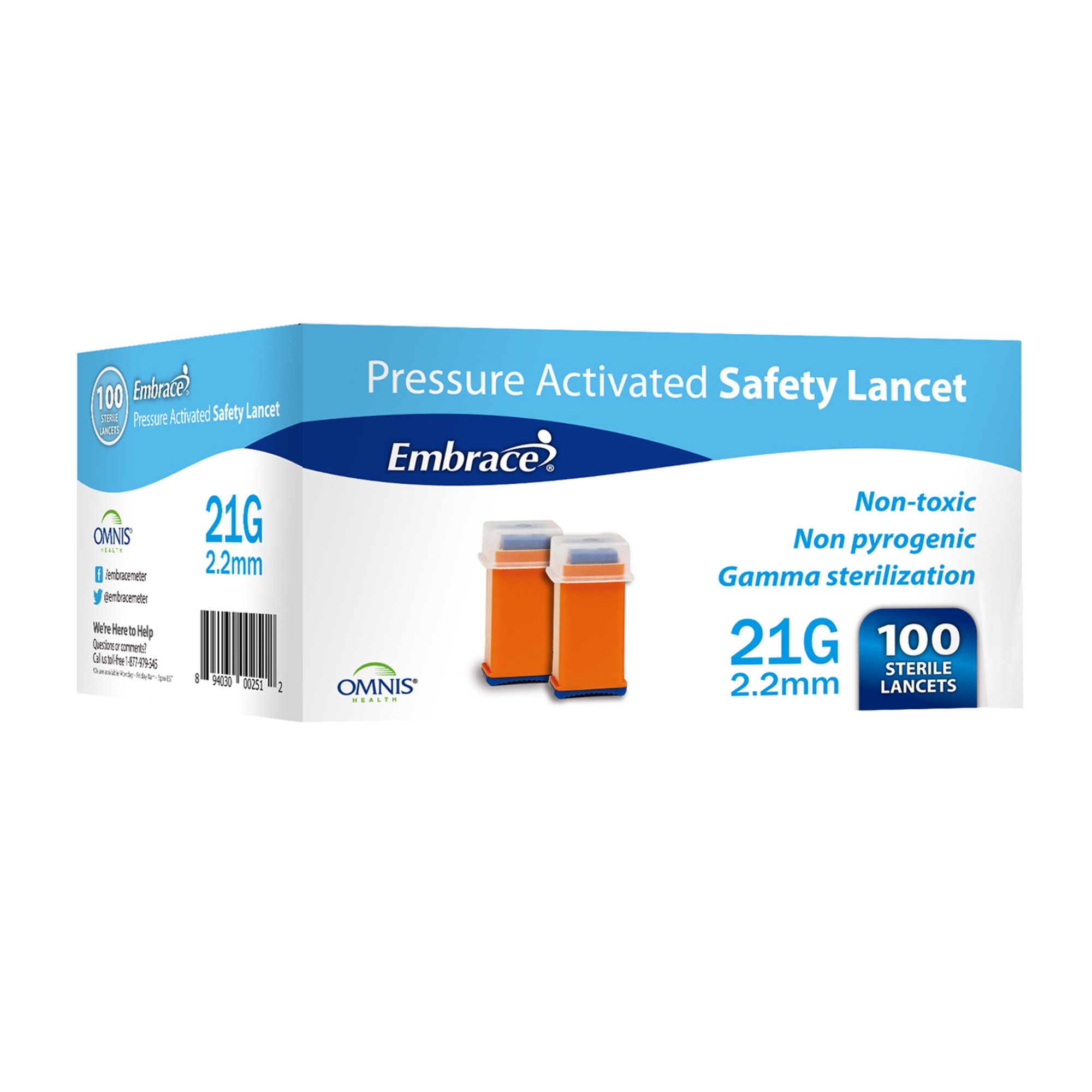 Omnis Health SHN02GX21.22 - Embrace® Finger Activated Safety Lancet, 21 Gauge - 100/Box, 1000/Case