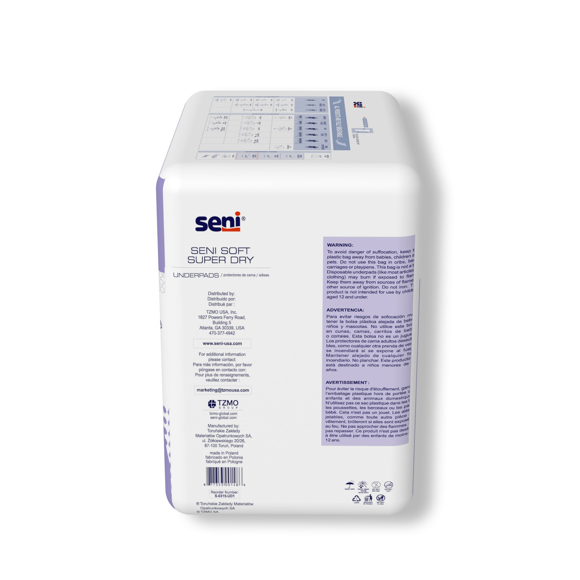 TZMO USA Inc S-0315-UD1 - Seni® Soft Super Dry Underpads, Level 3 Absorbency - 15/Pack, 60/Case