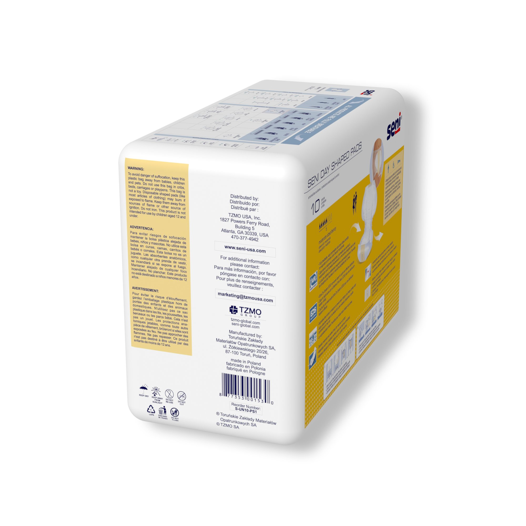 TZMO USA Inc S-UN10-PS1 - Seni® Day Shaped Pads - 10/Pack, 60/Case