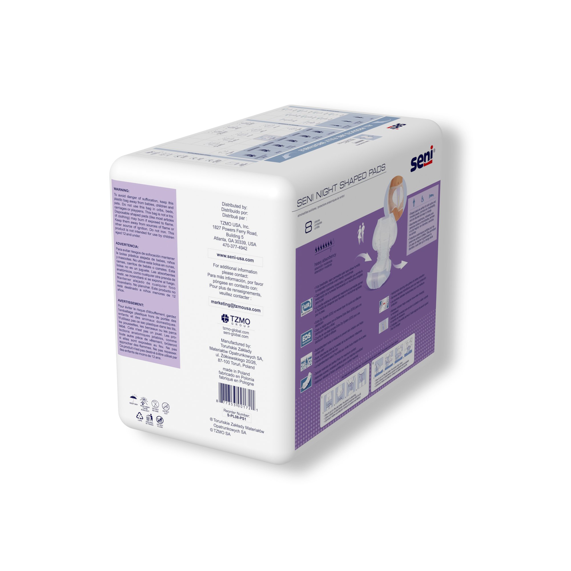 TZMO USA Inc S-PL08-PS1 - Seni® Night Shaped Pads - 8/Pack, 48/Case