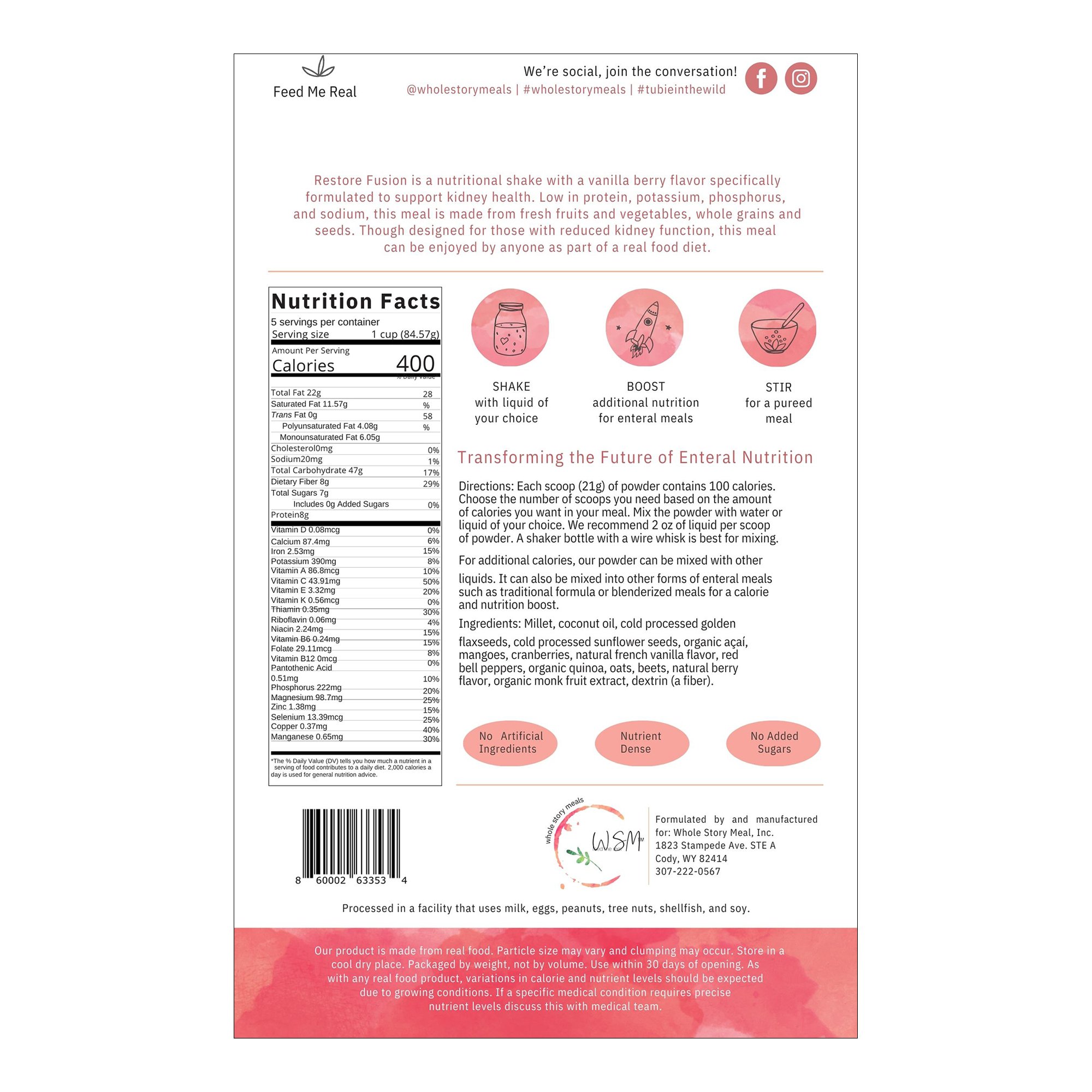 Restore Fusion Renal Support Oral Supplement 9126 by Whole Story Meals