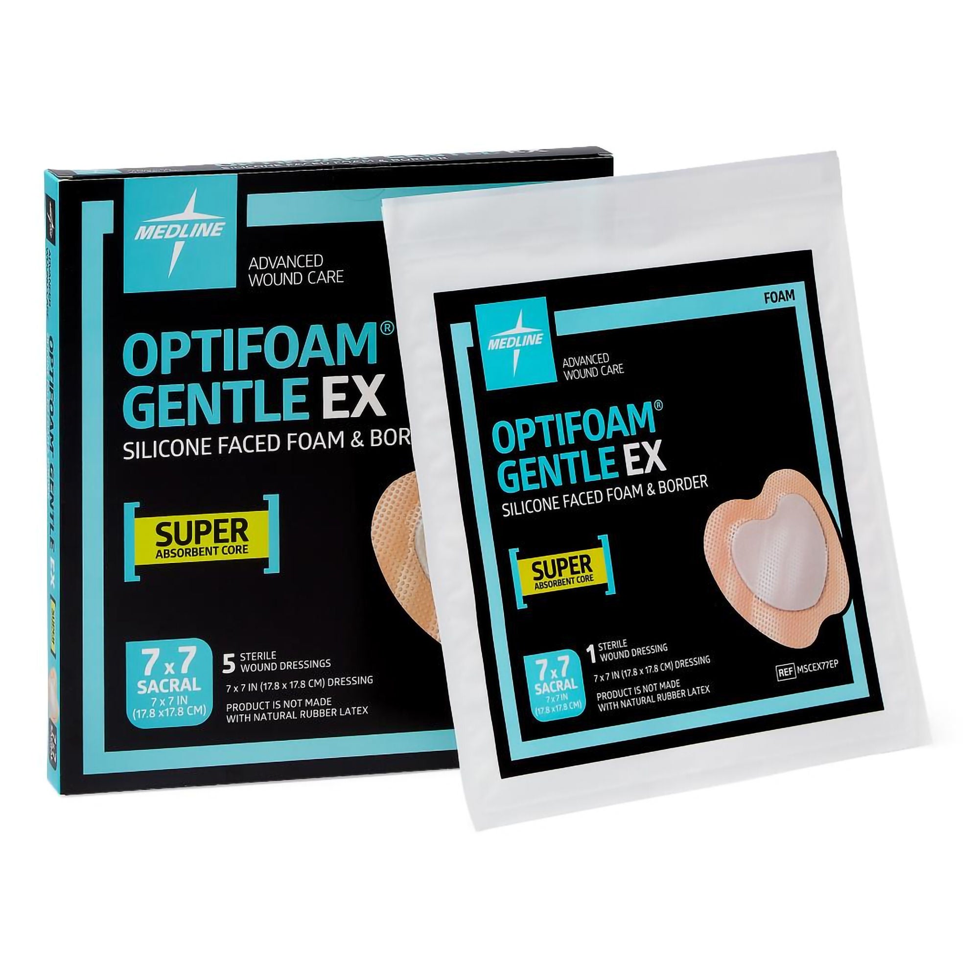 Medline - MSCEX77EP Foam Dressing Optifoam® Gentle EX 7 X 7 Inch With Border Waterproof Backing Silicone Face and Border Sacral Sterile