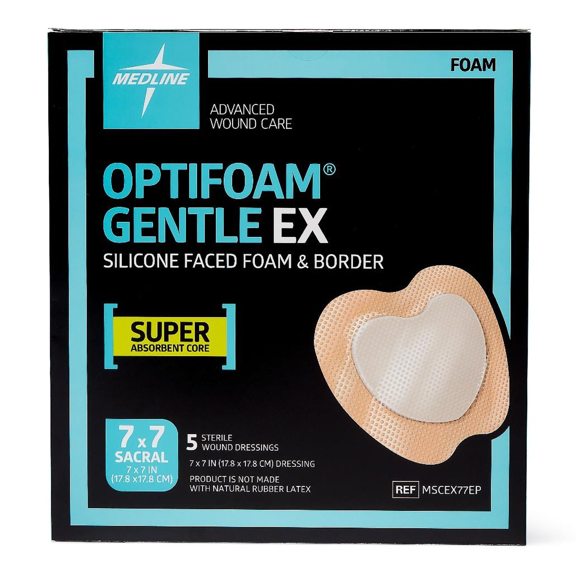 Medline - MSCEX77EP Foam Dressing Optifoam® Gentle EX 7 X 7 Inch With Border Waterproof Backing Silicone Face and Border Sacral Sterile