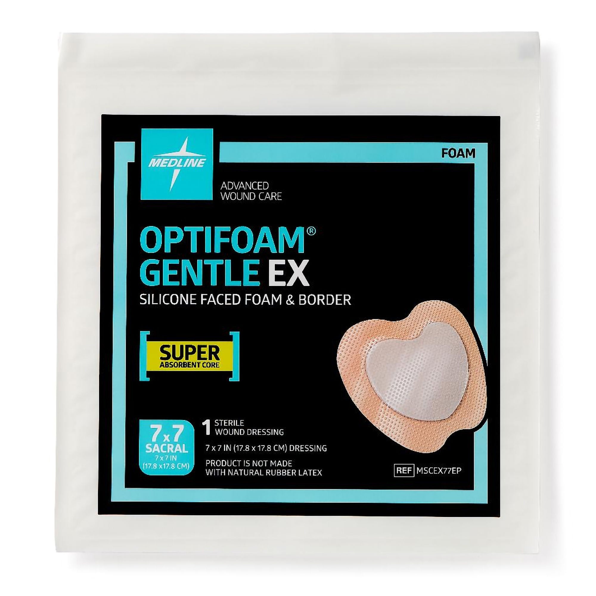 Medline - MSCEX77EP Foam Dressing Optifoam® Gentle EX 7 X 7 Inch With Border Waterproof Backing Silicone Face and Border Sacral Sterile