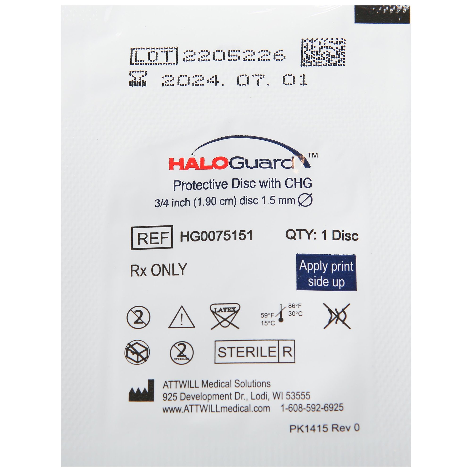 HaloGUARD Antimicrobial Catheter Dressing Protective Disc HG0075150 by Attwill Medical Solutions Sterilflow LP