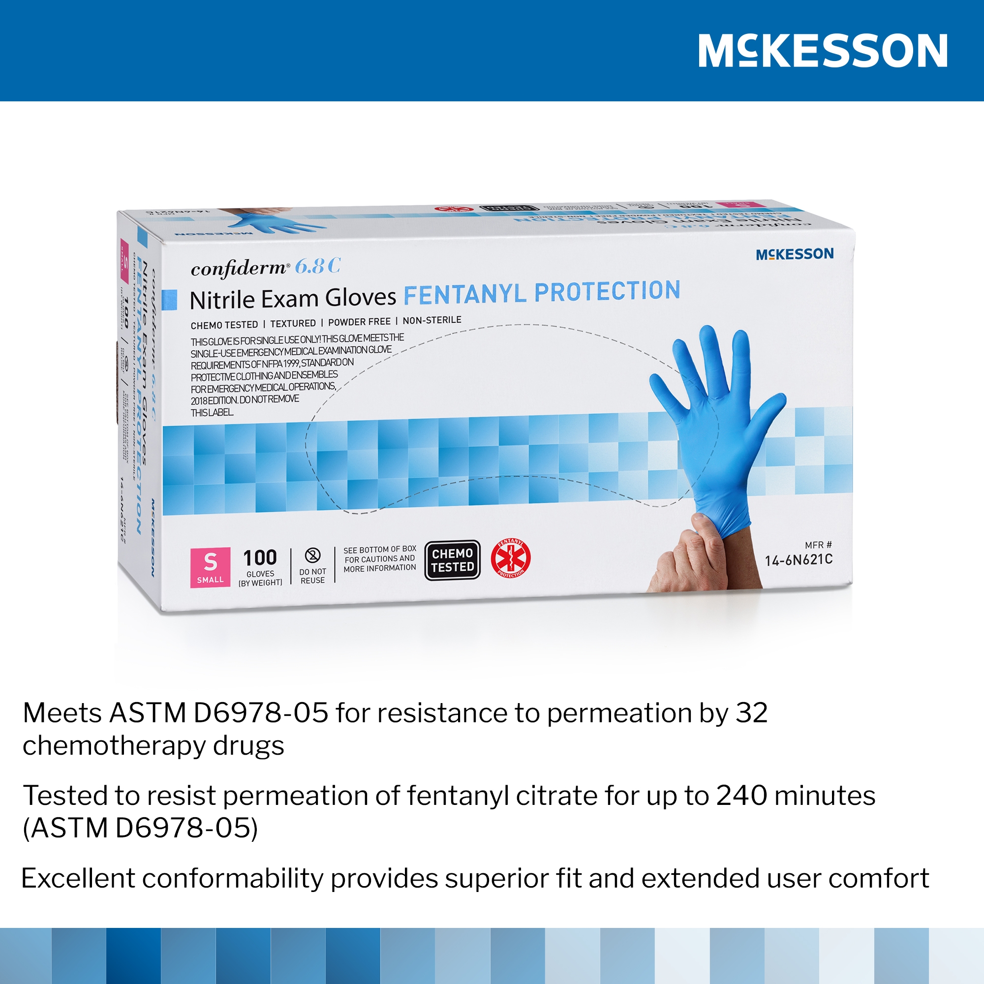 McKesson Brand 14-6N621C - McKesson Confiderm® 6.8C Exam Glove, Small, Blue - 100/Box, 1000/Case