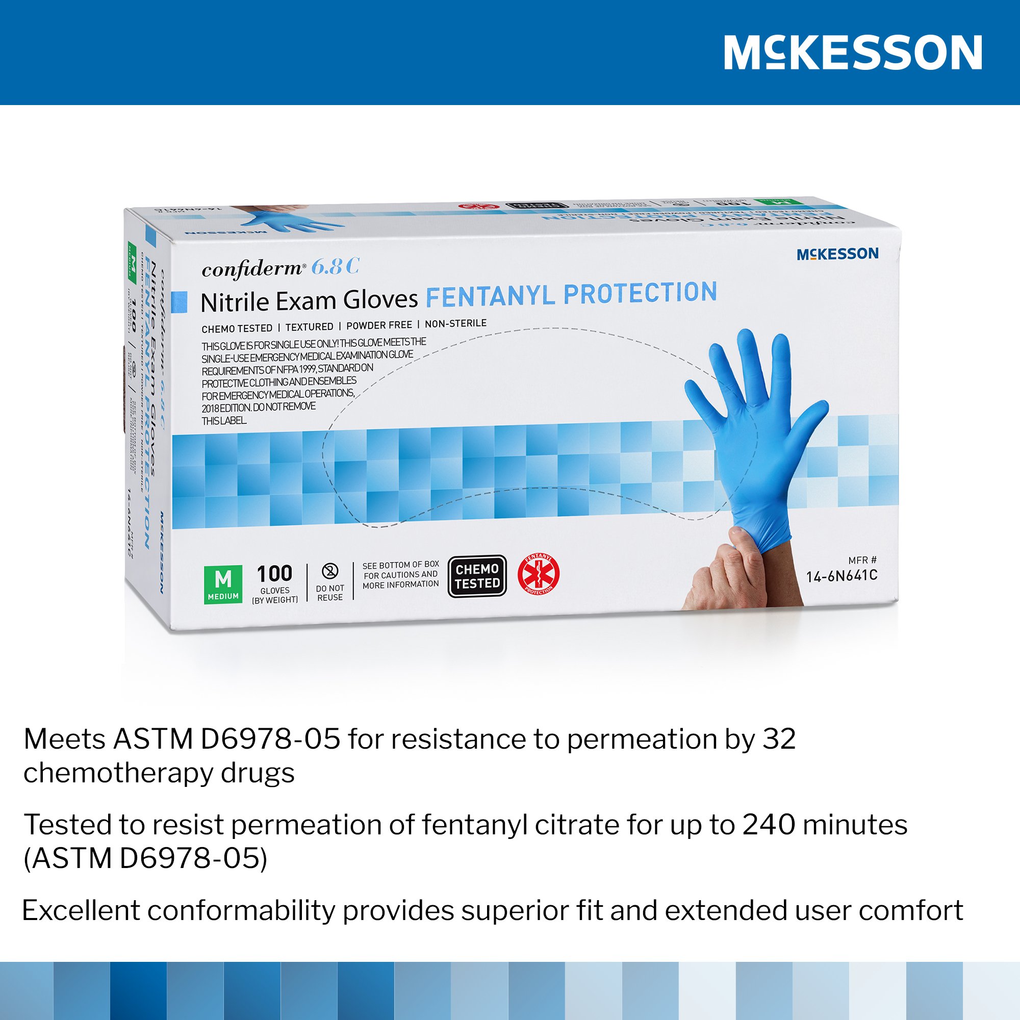 McKesson Brand 14-6N641C - McKesson Confiderm® 6.8C Nitrile Exam Glove, Medium, Blue - 100/Box, 1000/Case